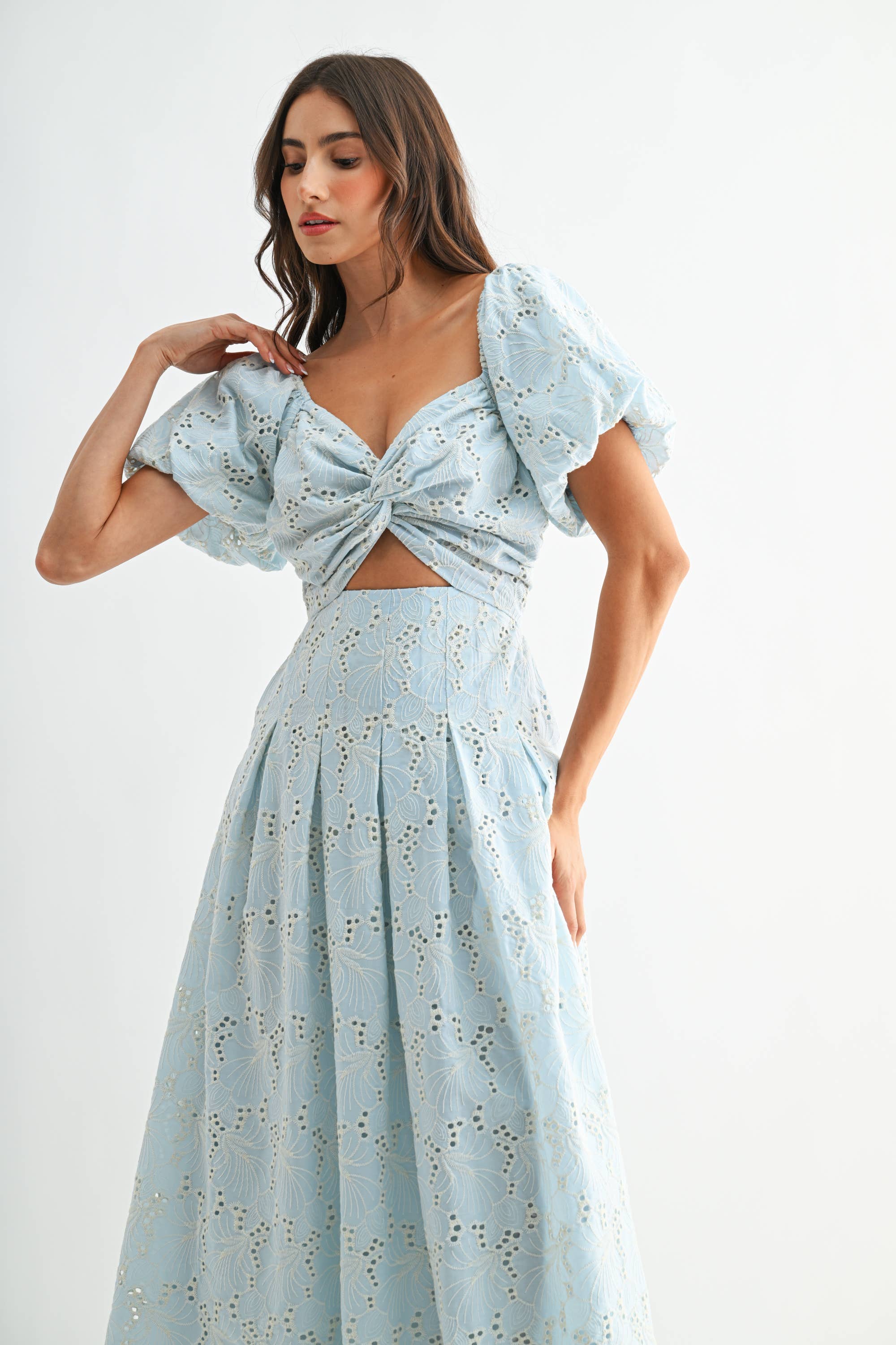 Eyelet Puff Sleeve Maxi Dress with Twist Front