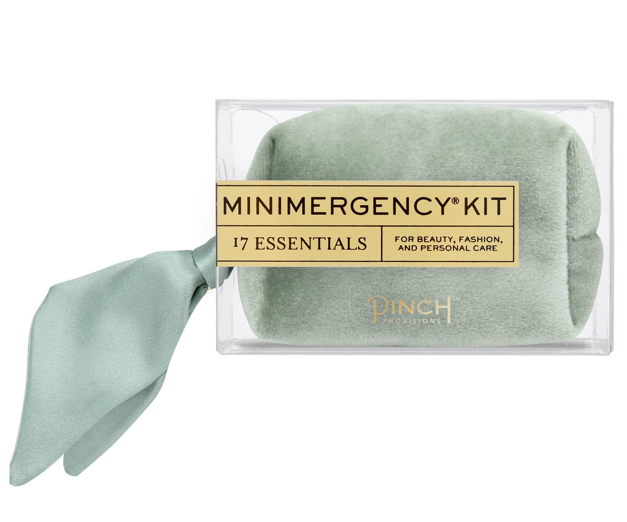 Velvet Scarf Minimergency Kit in soft green velvet pouch with attached scarf for beauty and personal care essentials