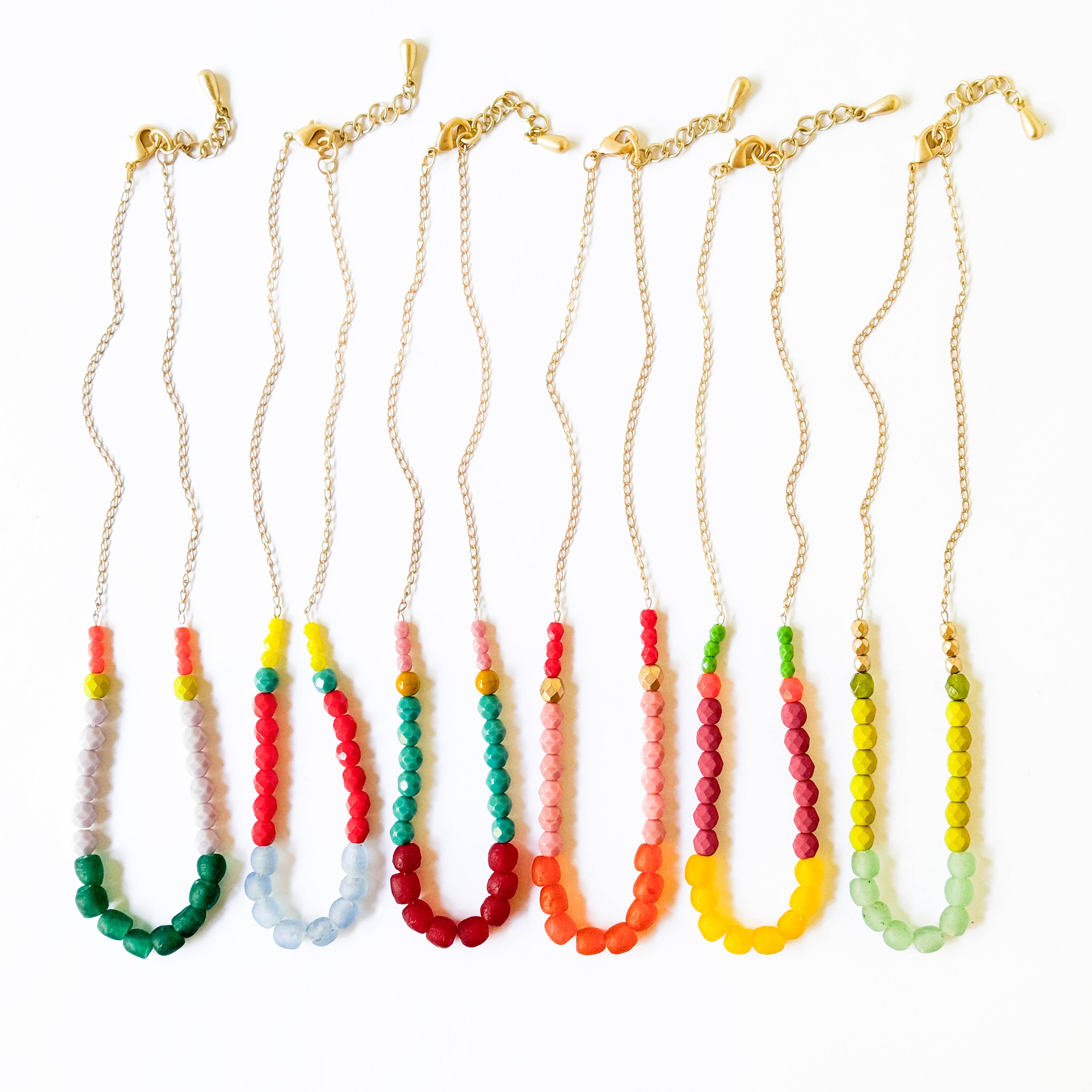 Multicolor Recycled African Glass And Mixed Bead Necklace with vibrant beads and gold-tone chain, handmade artisan jewelry collection