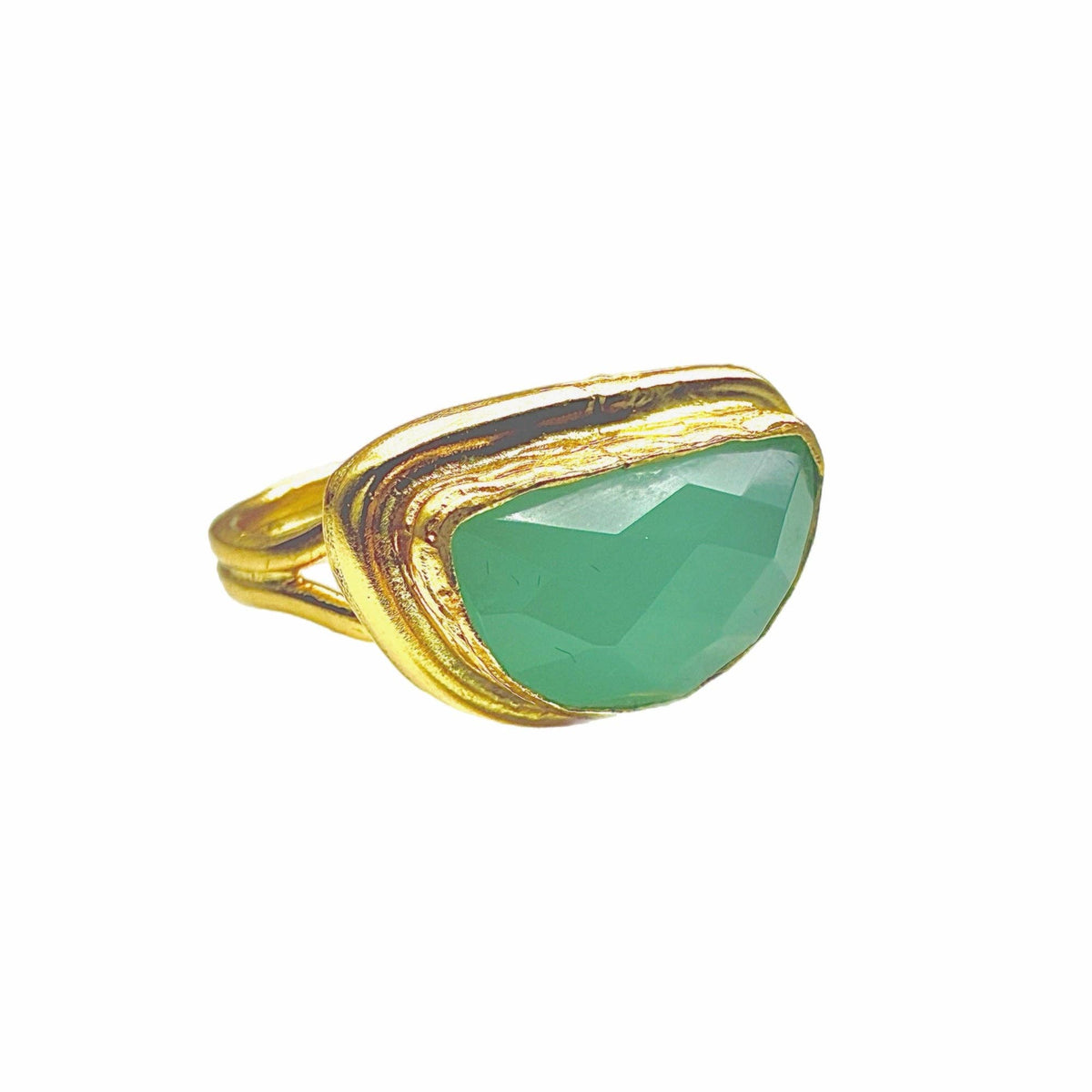 Aqua Chalcedony Semi-Circle Ring with gold tone setting and polished aqua stone