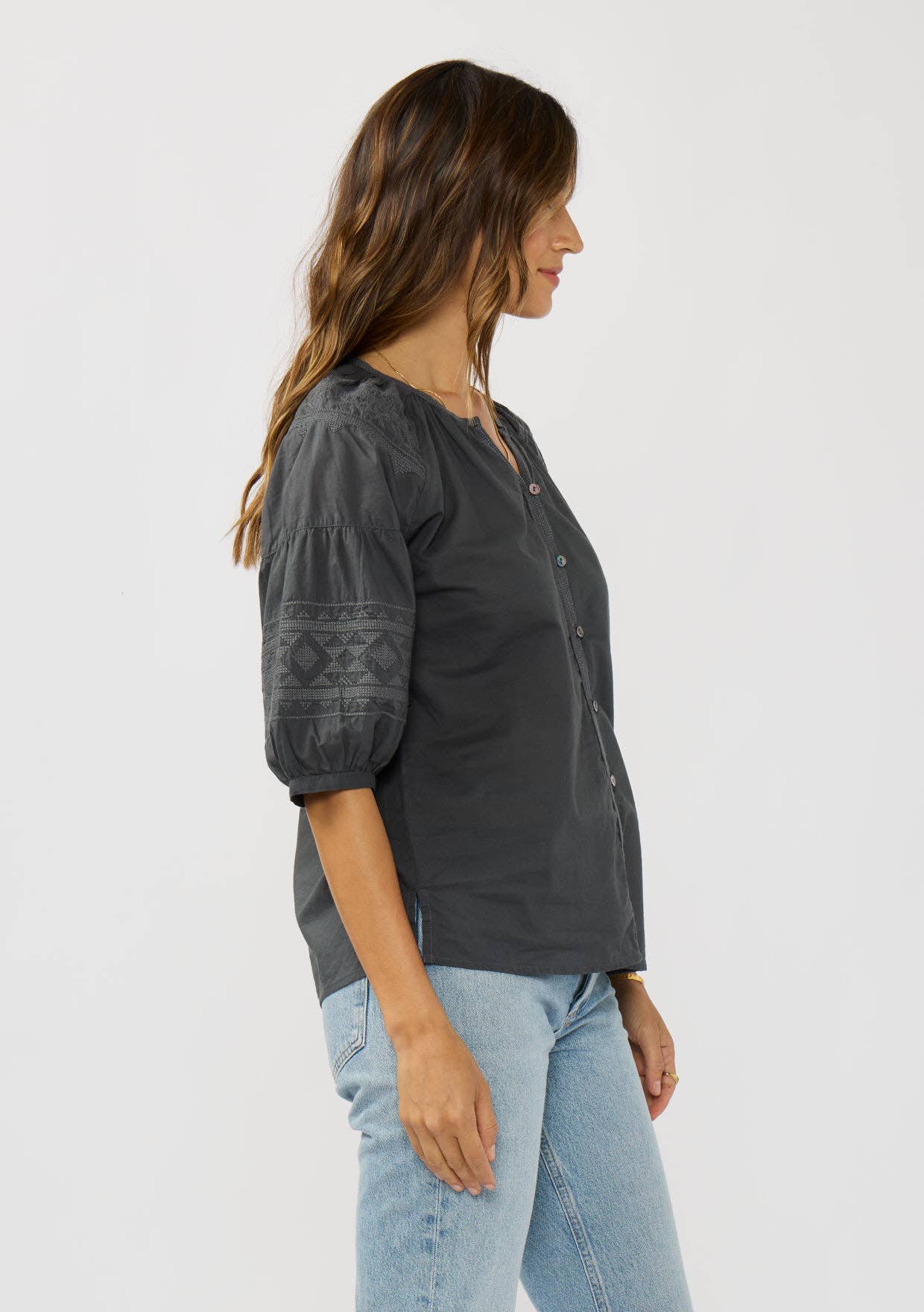 Short Raglan Puff Sleeve Button Down Top