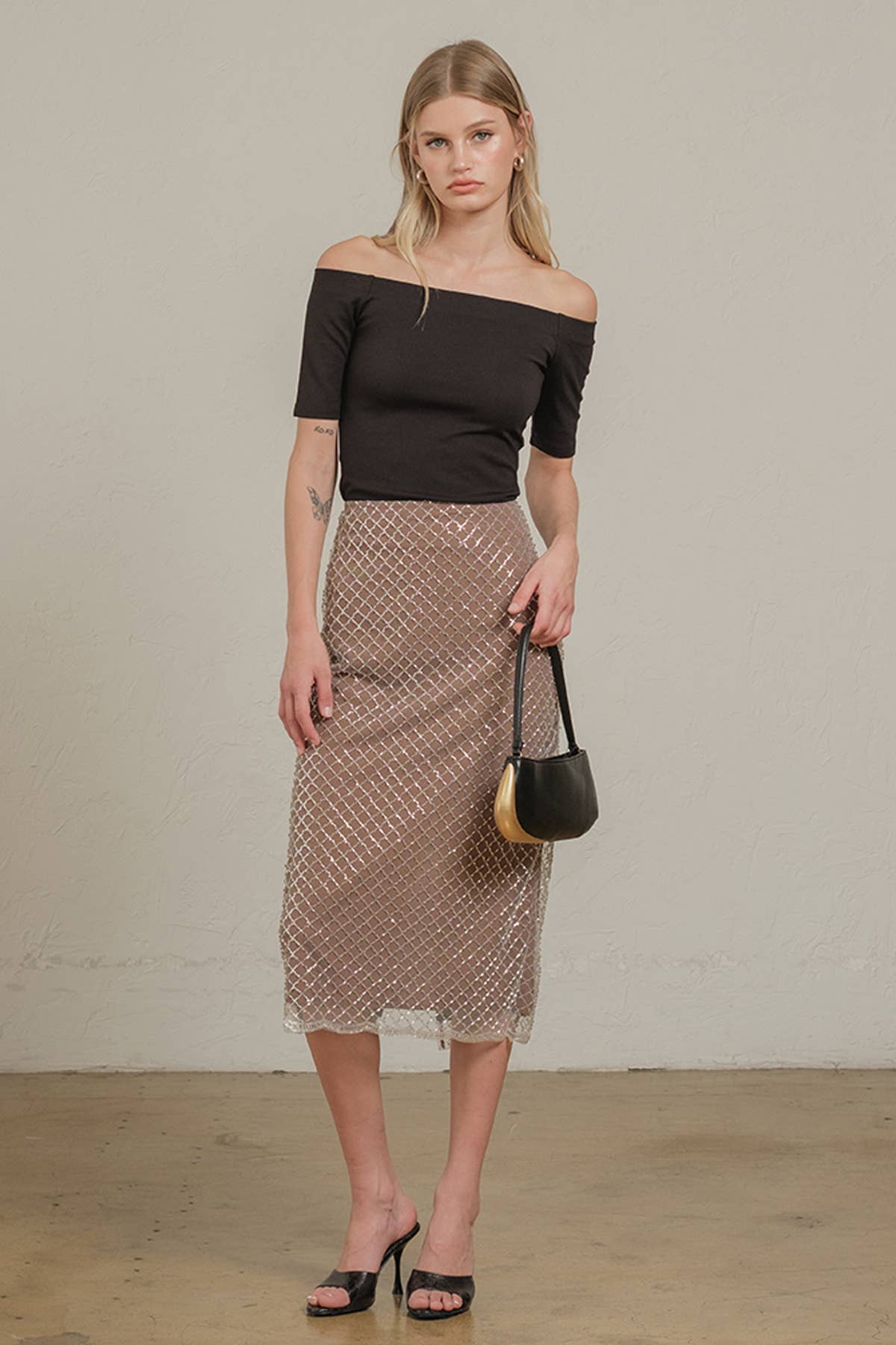 Beaded Midi Skirt with Back Slit & Zipper