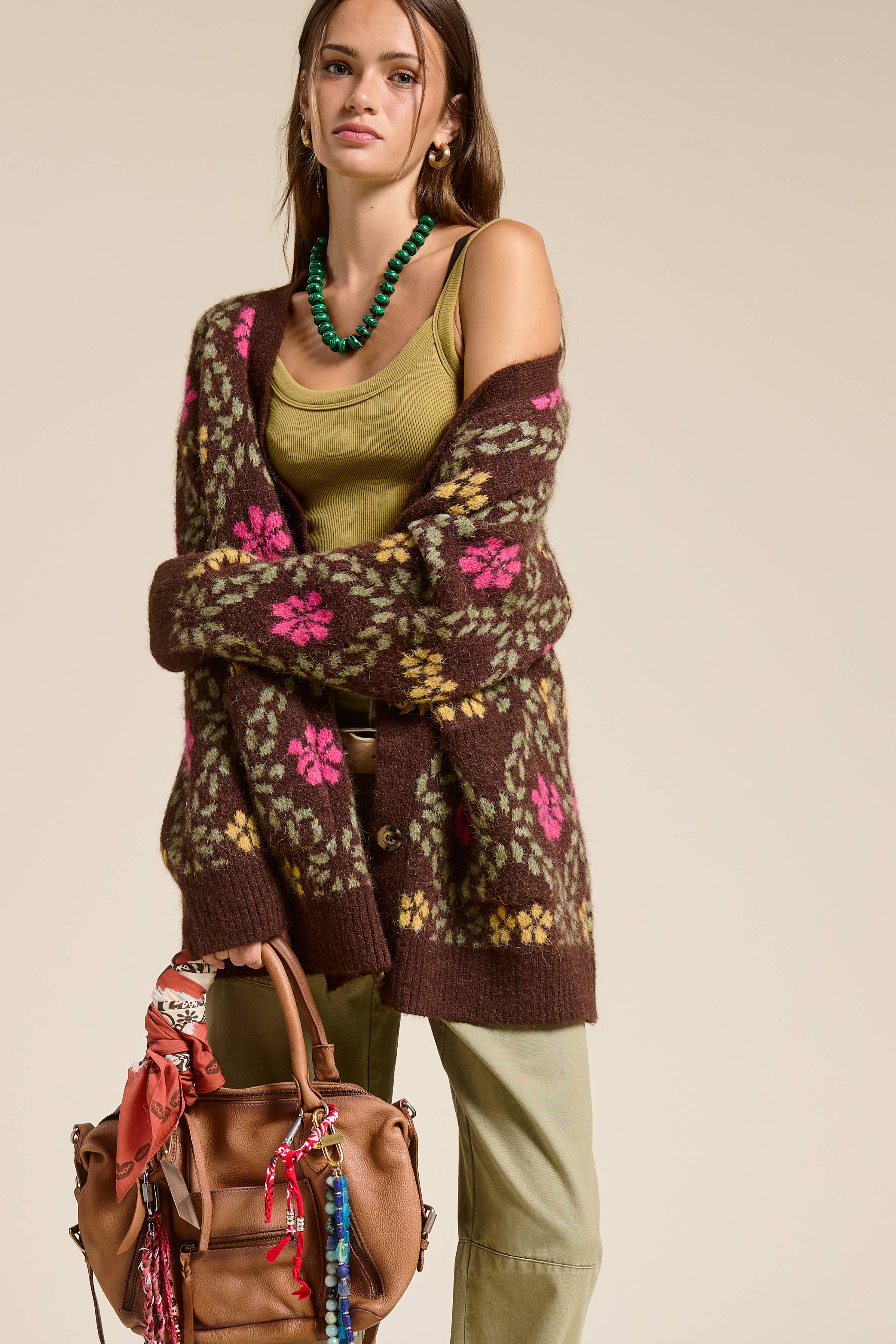 Retro Floral Print Fuzzy Knit Cardigan