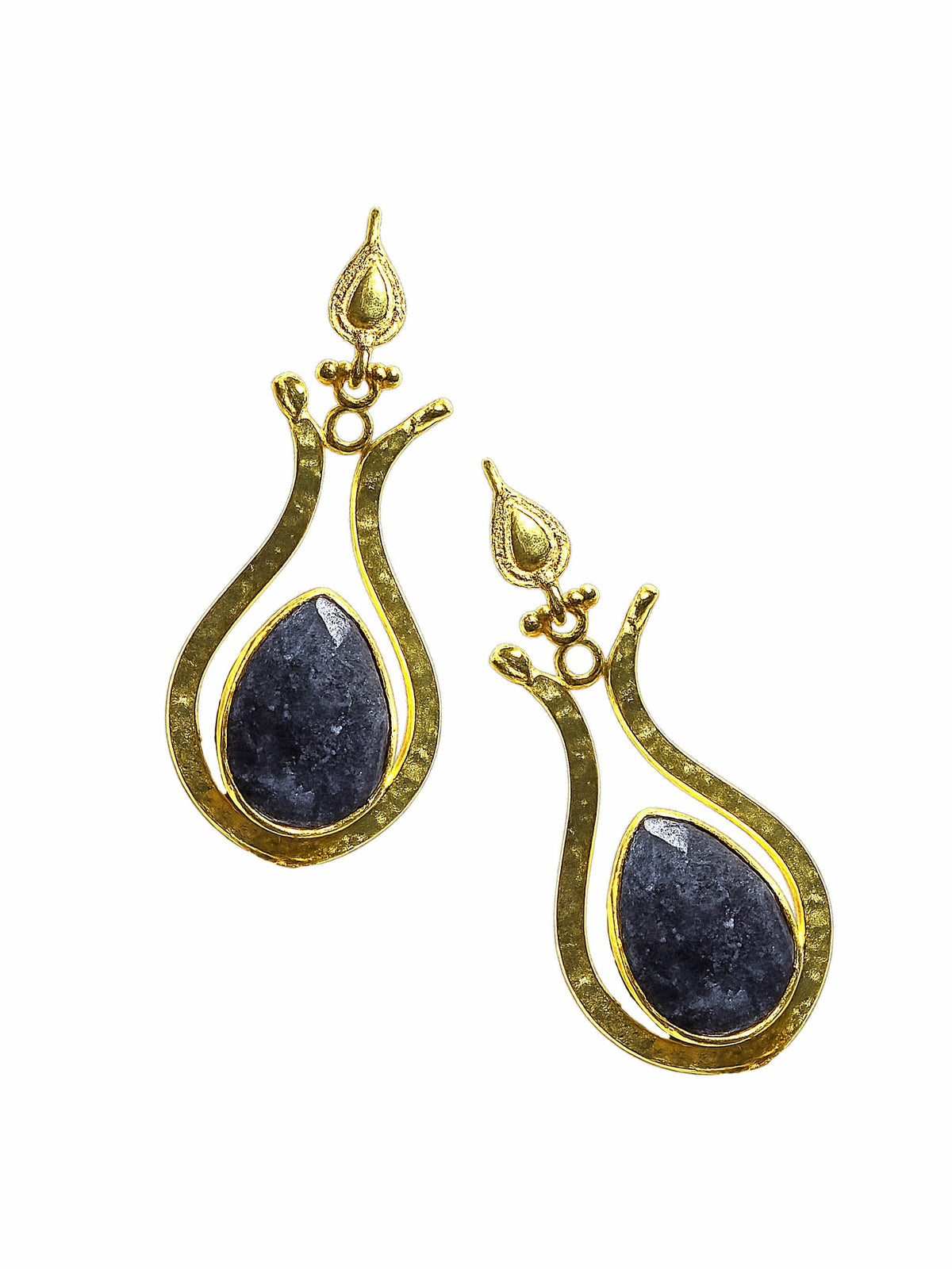 Lapis Lazuli and Gold Drop Earrings with dark blue stones and ornate gold detailing