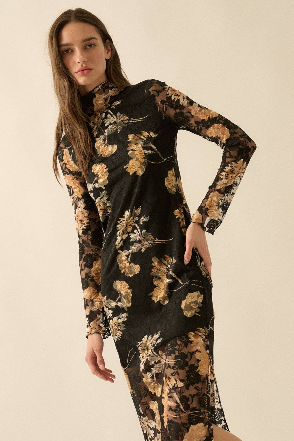 Floral-Print Lace Long-Sleeve Mock-Neck Midi Dress