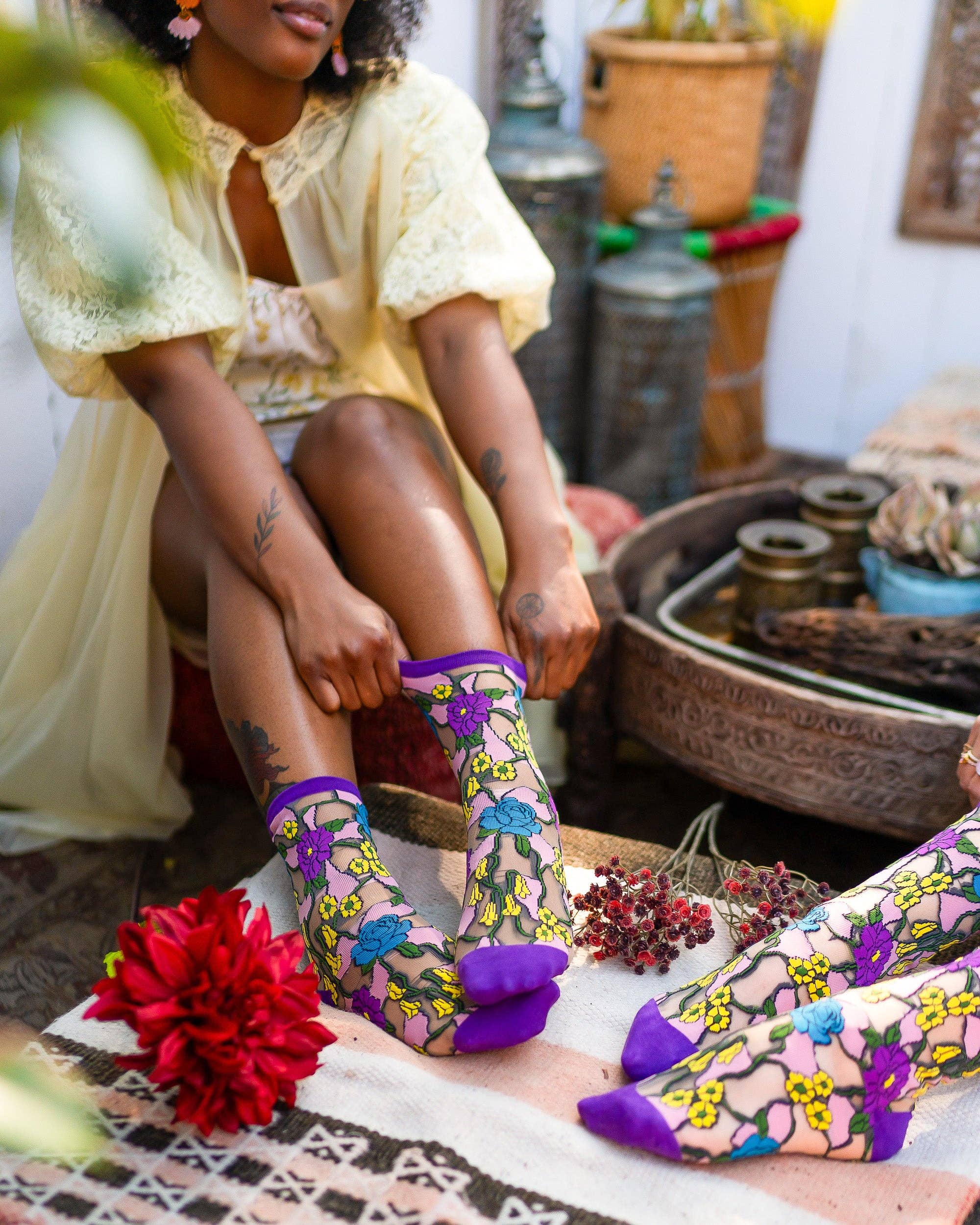 Stain Glass Floral Sheer Crew Sock