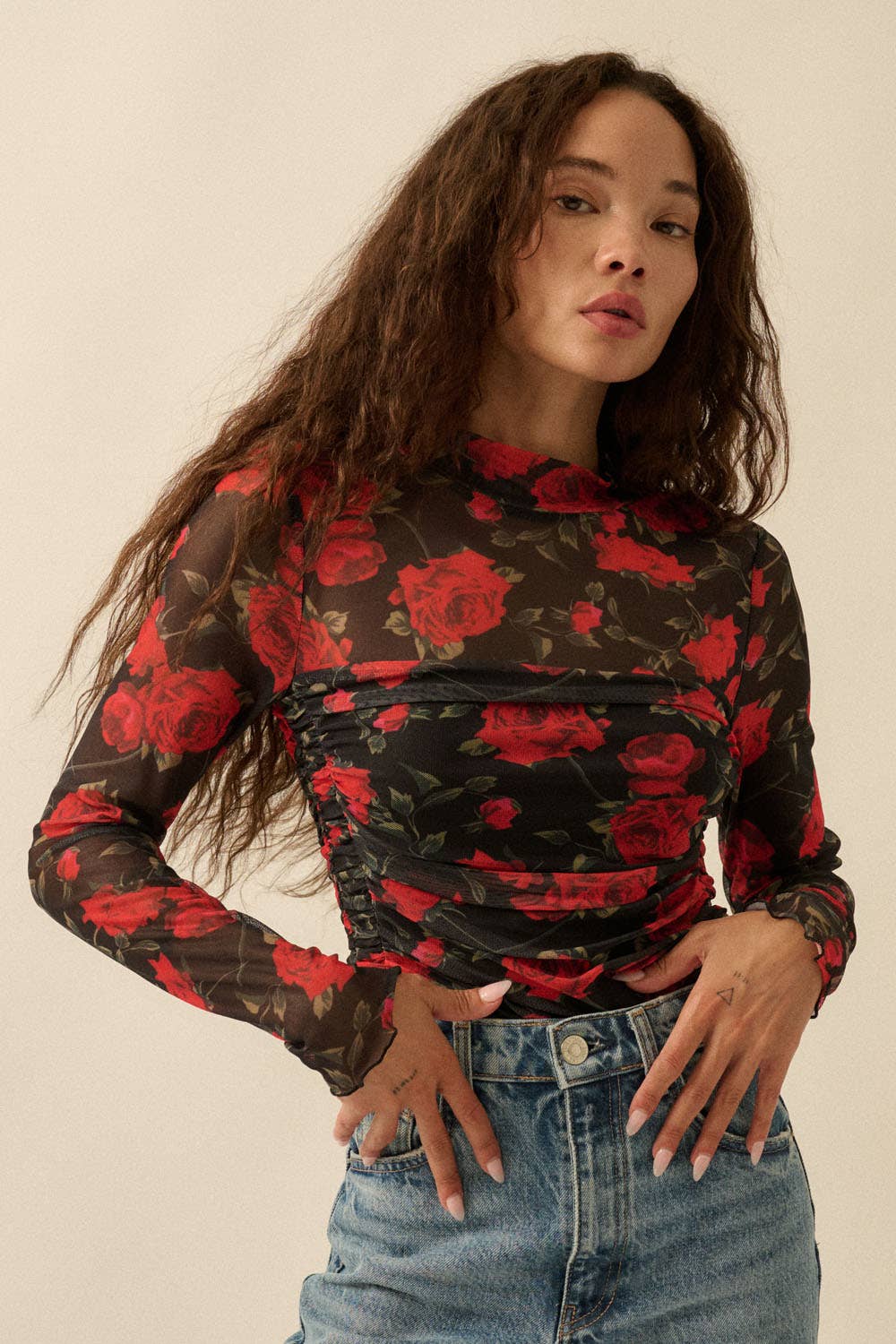 Floral Mesh Ruched Mock-Neck Bodysuit