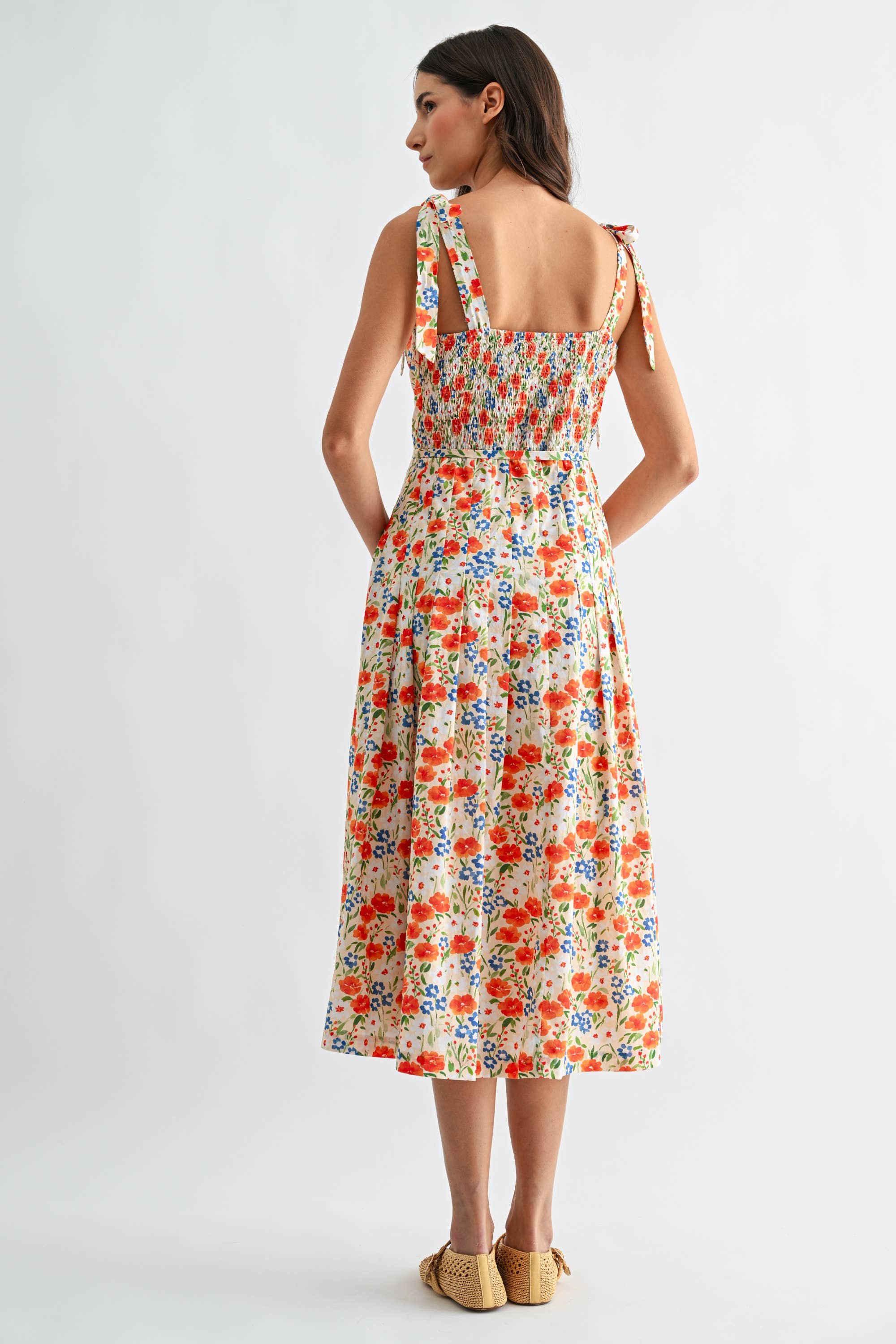 Floral Print Tie-Shoulder Belted Midi Dress