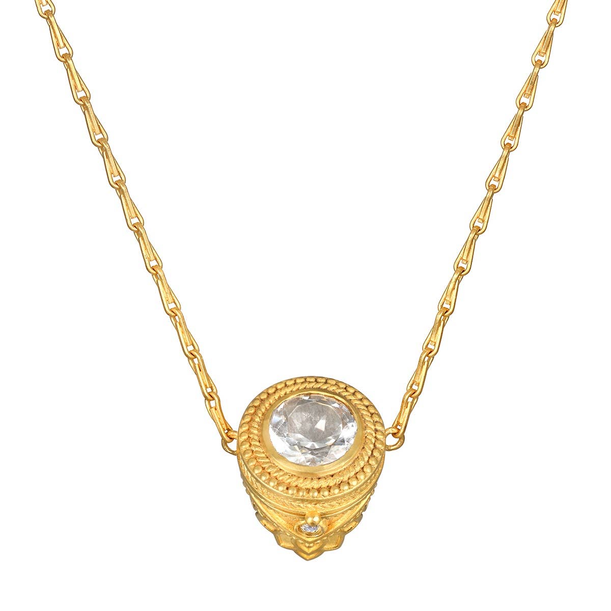Satya Jewelry’s Guiding Spirit Labradorite Feather Locket Necklace - 18" features a round, ornate gold pendant with a clear labradorite gemstone, offering a unique spiritual talisman for everyday elegance.