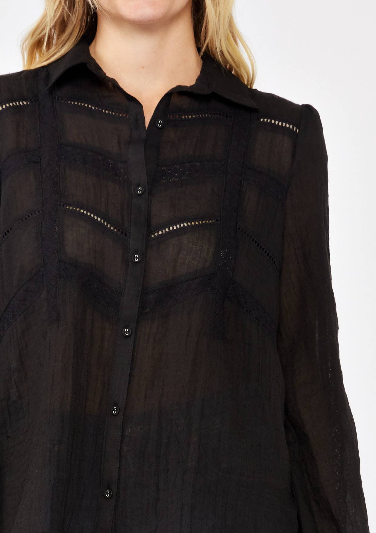 Crinkled Lace Long Sleeve Button Down Blouse in black with delicate lace detailing and lightweight textured fabric