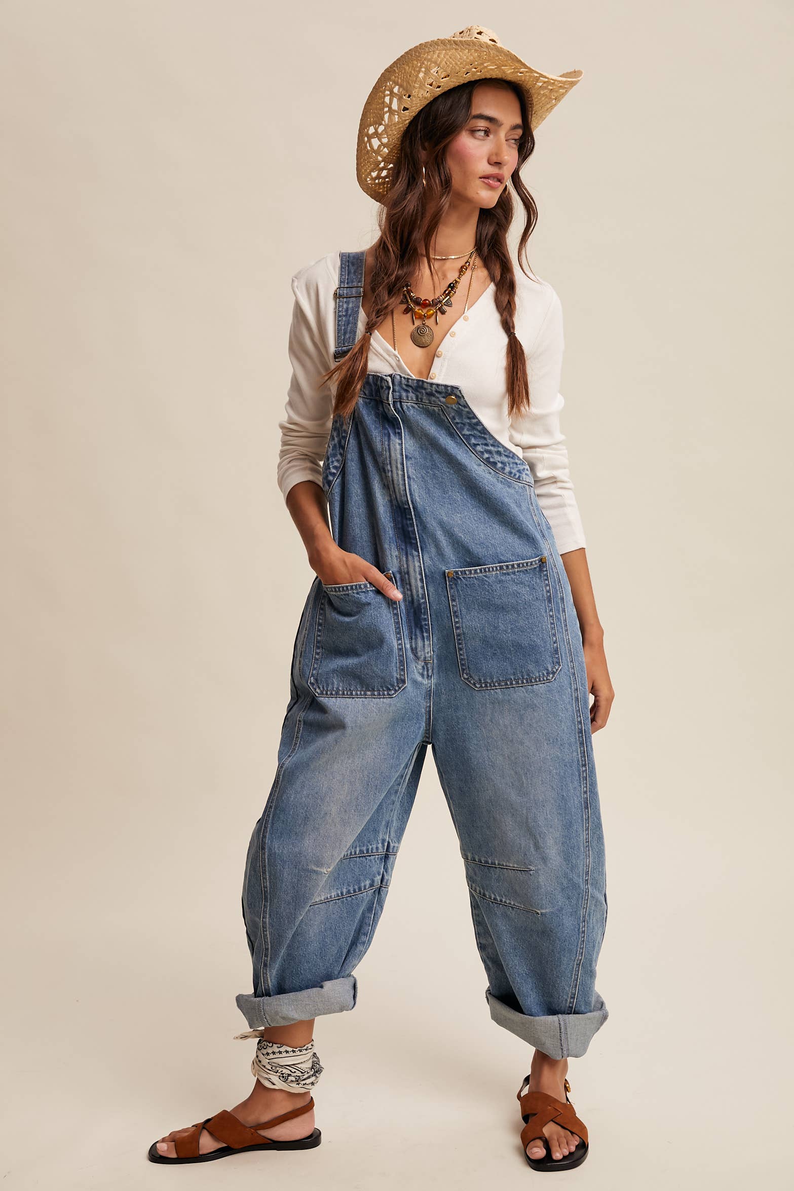 Western Wide-Leg Barrel Denim Overalls