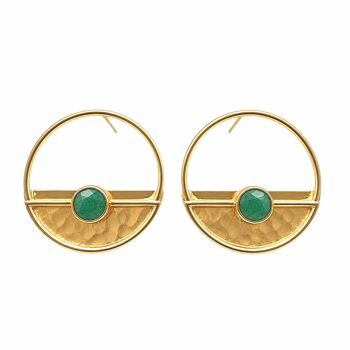 Yarim Ay Green Jade Stud Earrings with round gold settings and green jade stones