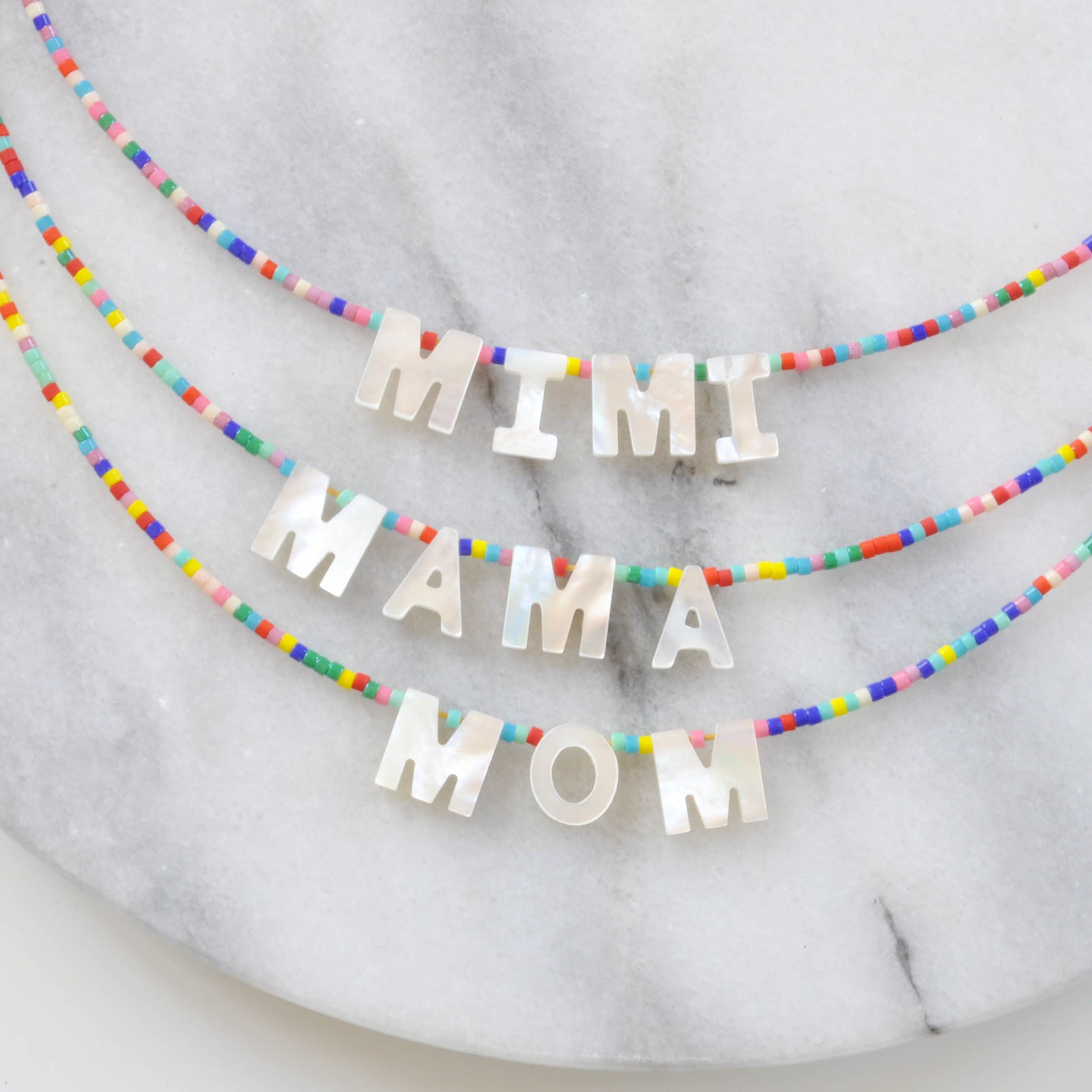 Mama & Mom Necklaces with Mother-of-Pearl Letters