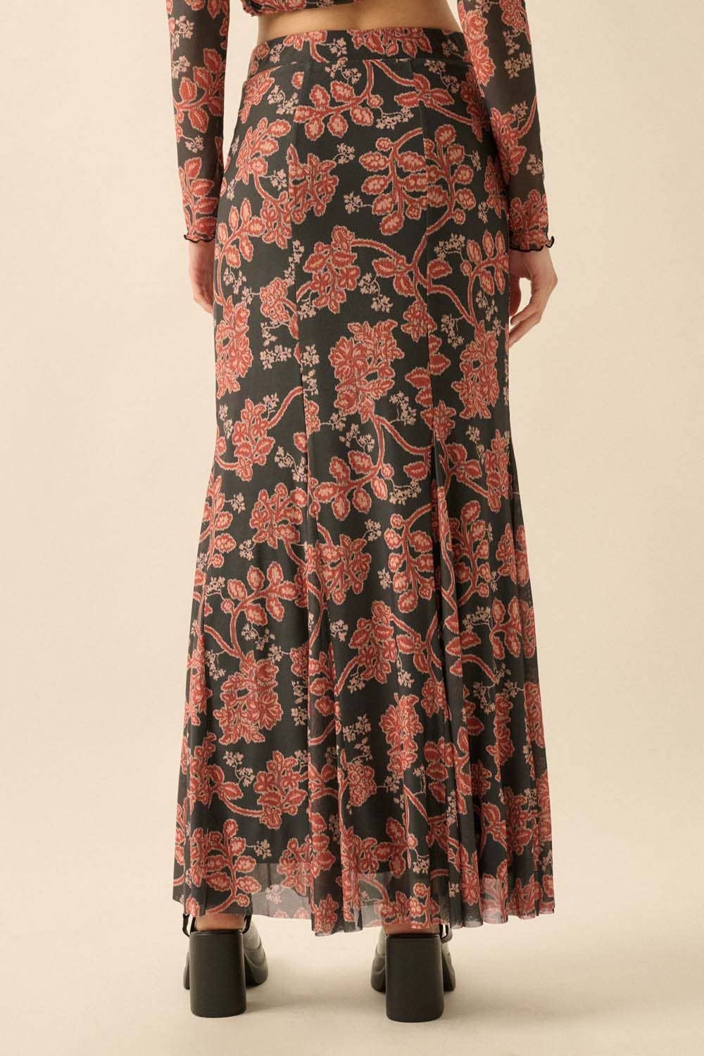 Floral-Print Mesh Godet Mermaid Maxi Skirt