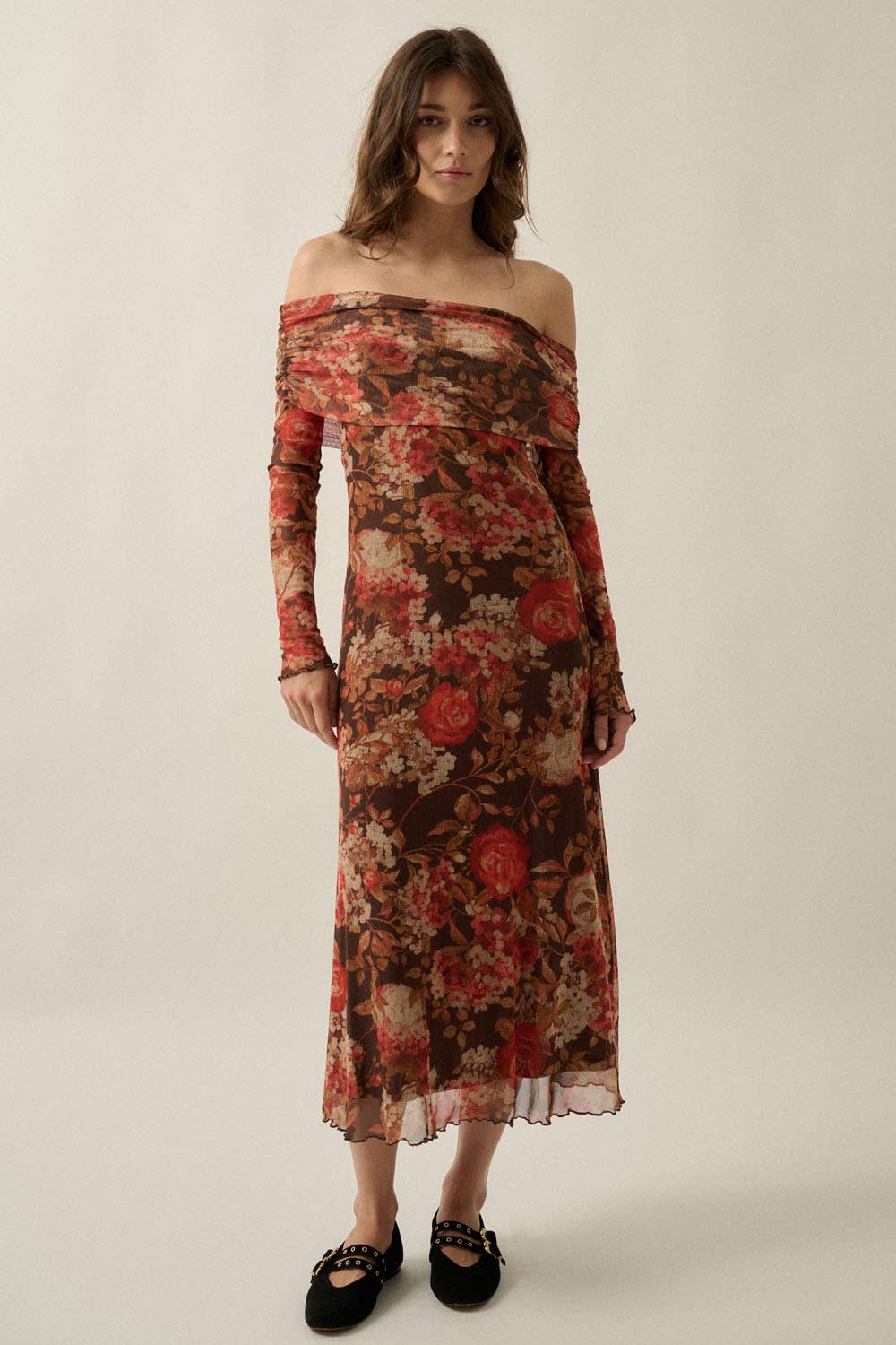 Floral Mesh Off-Shoulder Foldover Long-Sleeve Midi Dress