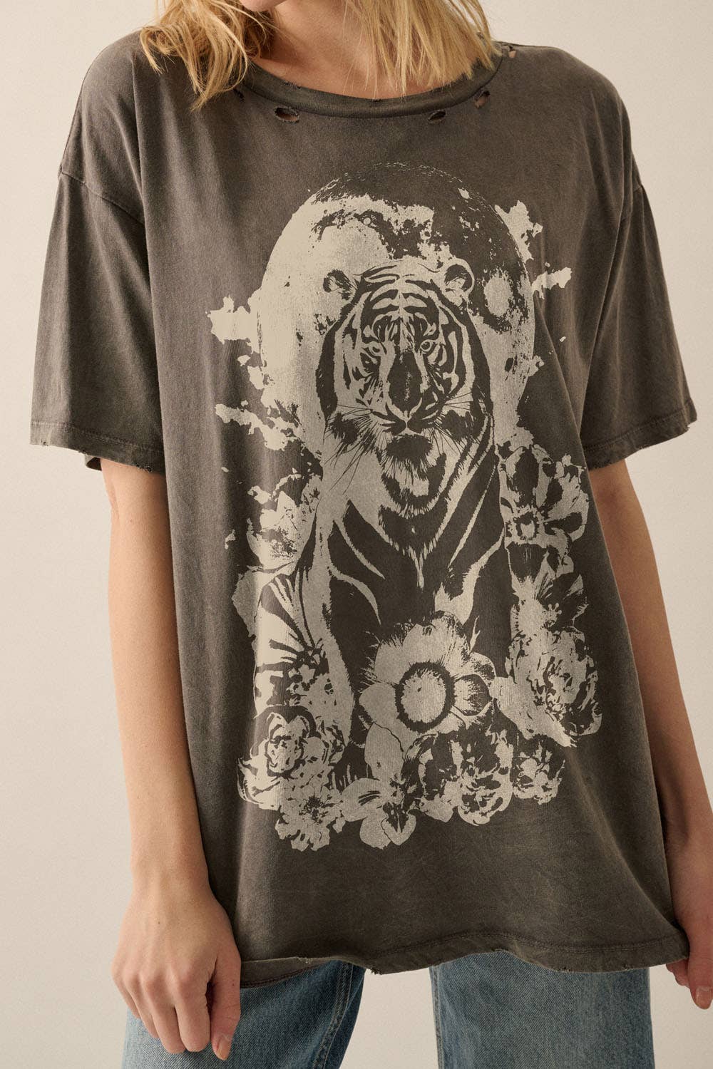 Tiger Moon Distressed Vintage-Wash Graphic Tee
