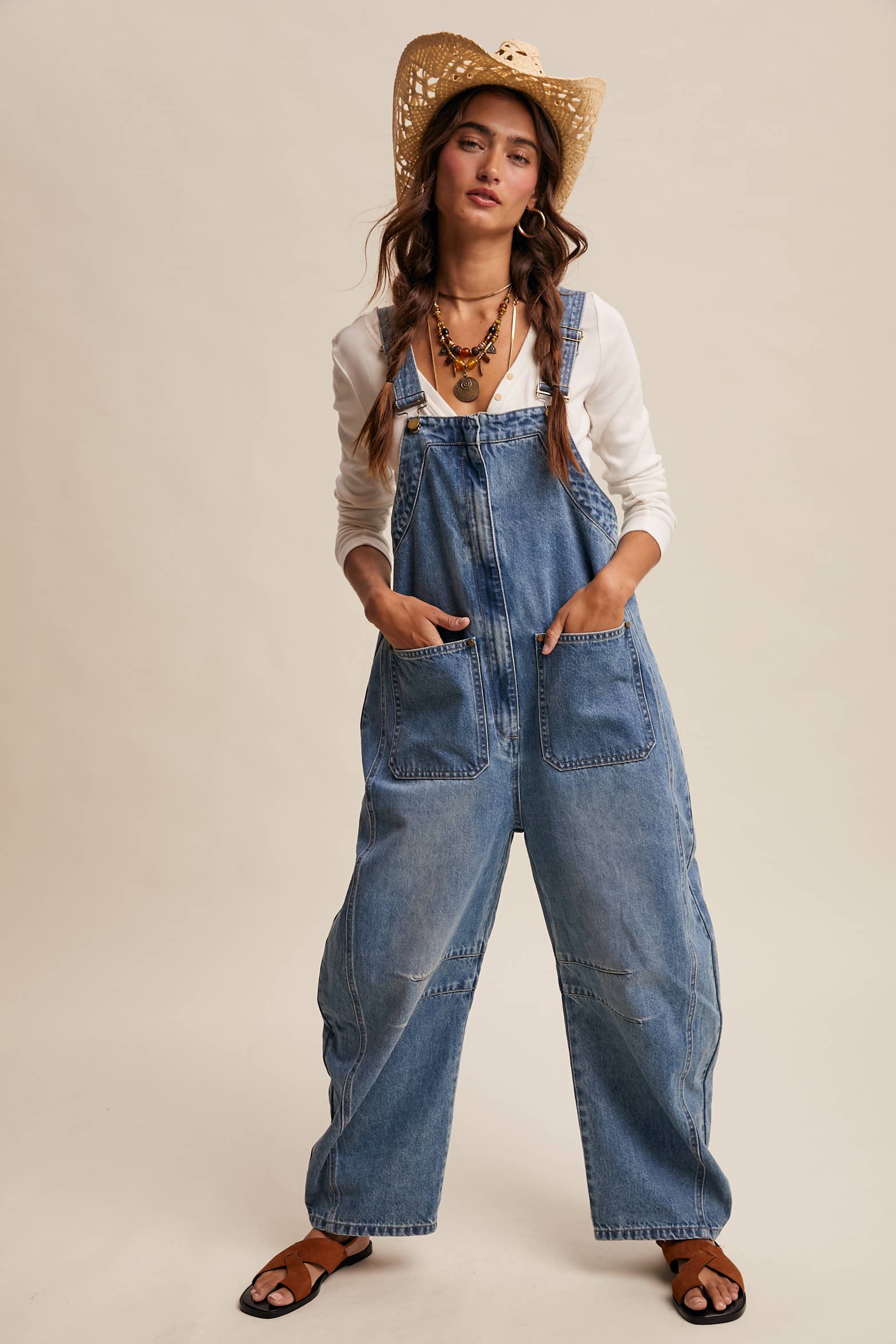 Western Wide-Leg Barrel Denim Overalls