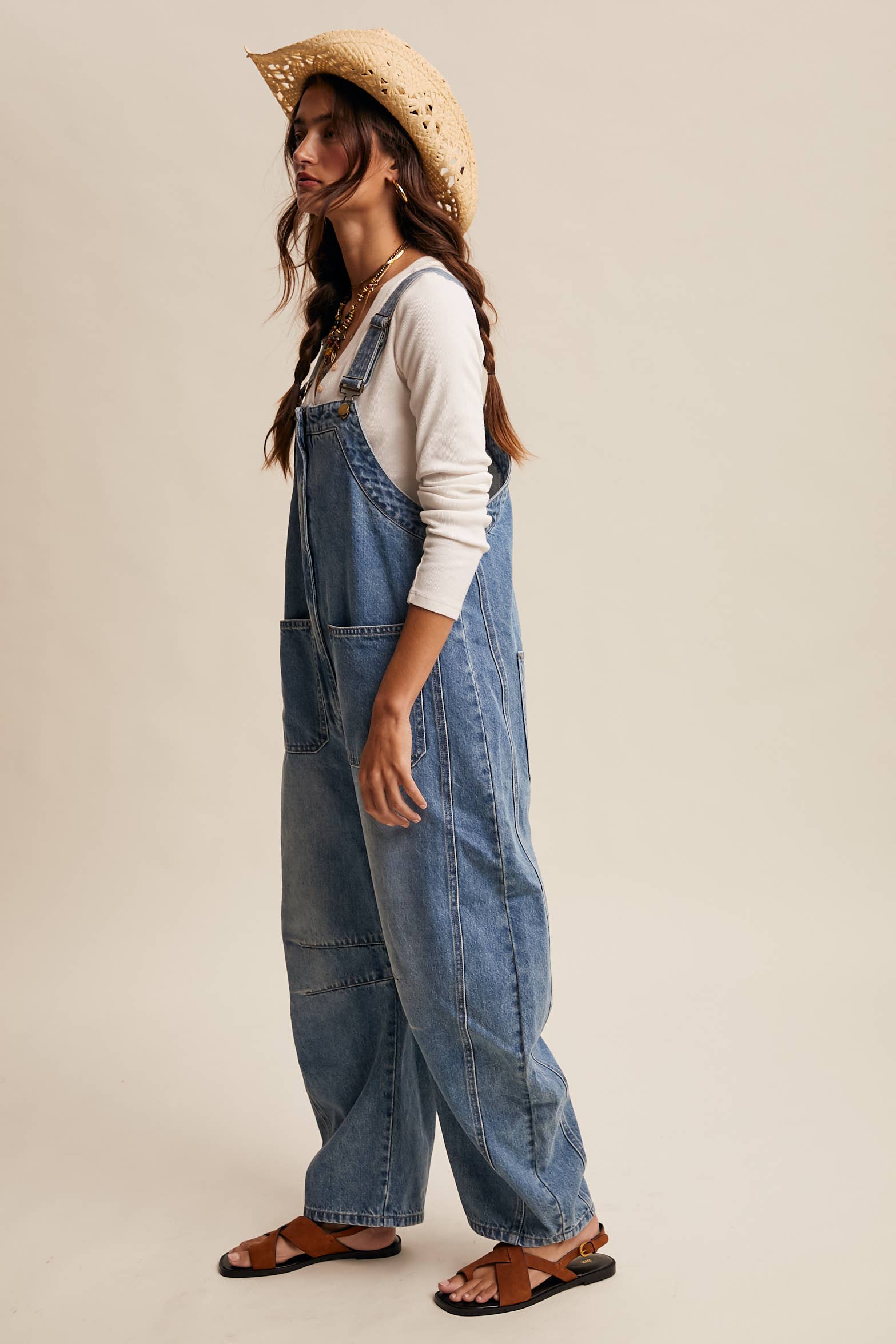 Western Wide-Leg Barrel Denim Overalls