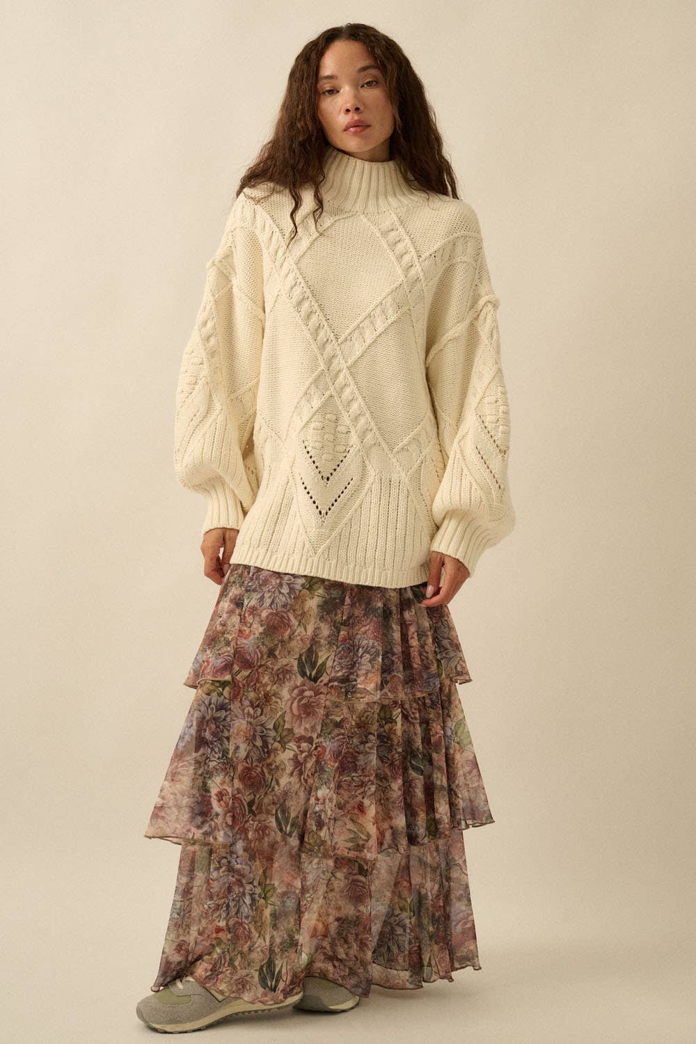 Floral-Print Mesh Tiered Side-Ruffle Maxi Skirt