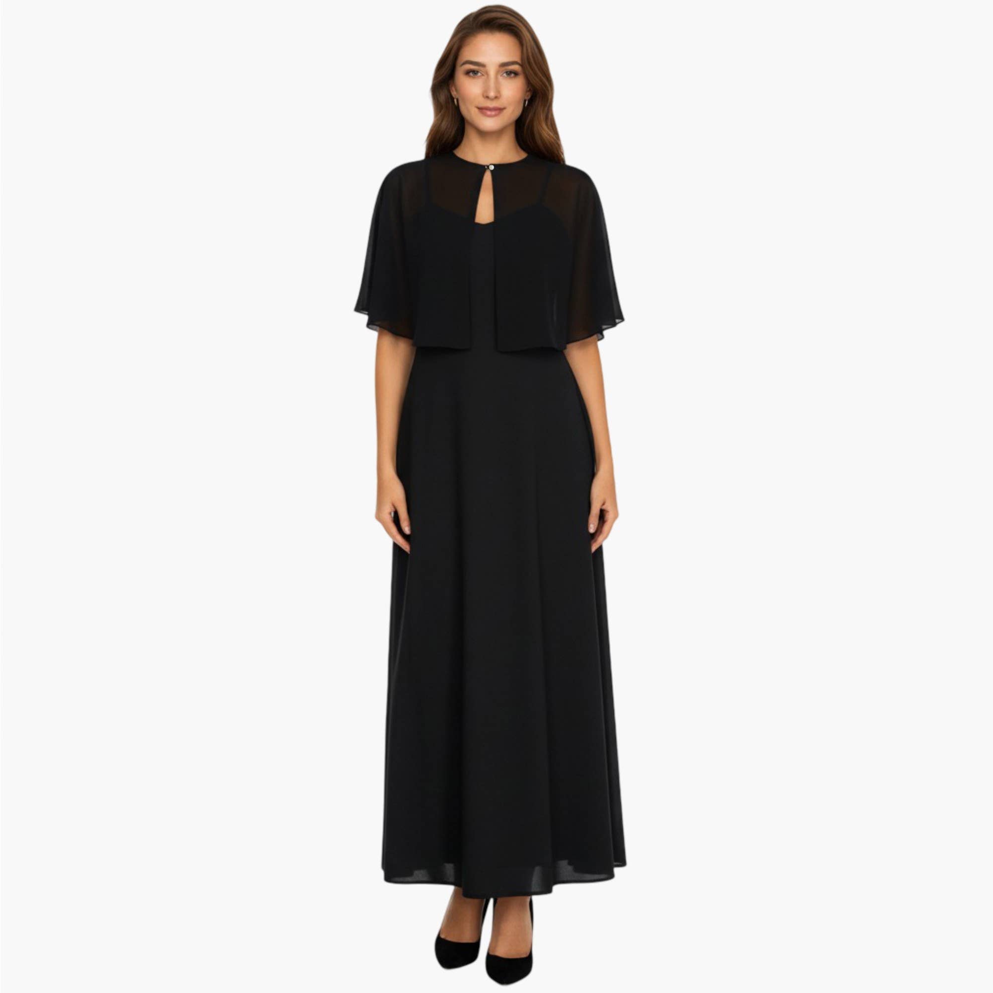 Sheer Flutter Sleeve Capelet Topper with Flowing Layered Sil