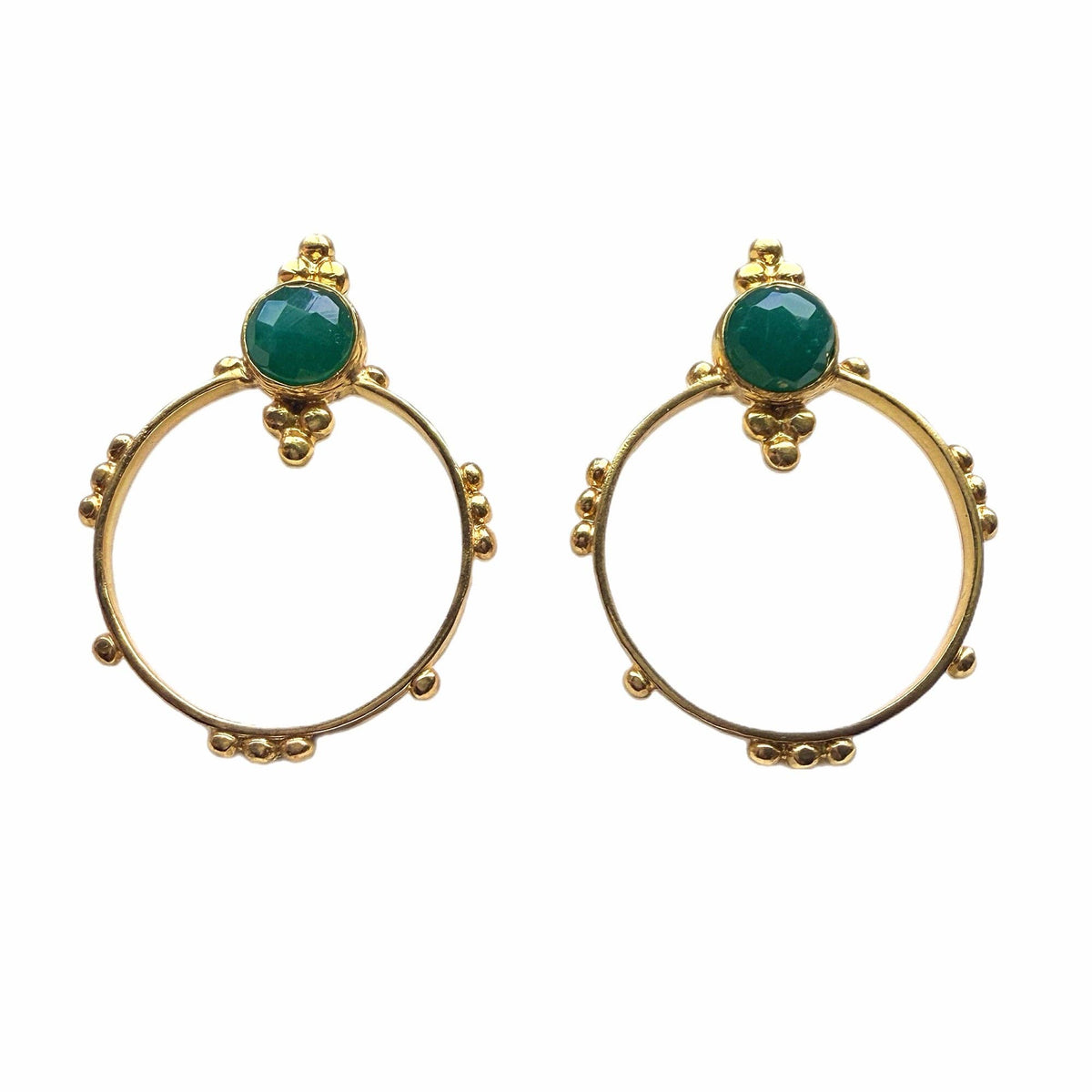 Surya Gold and Emerald Hoops with green stones and delicate gold bead accents
