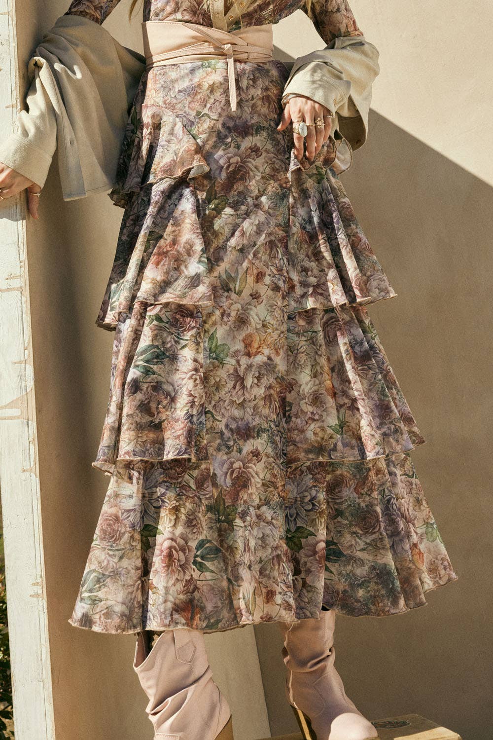 Floral-Print Mesh Tiered Side-Ruffle Maxi Skirt