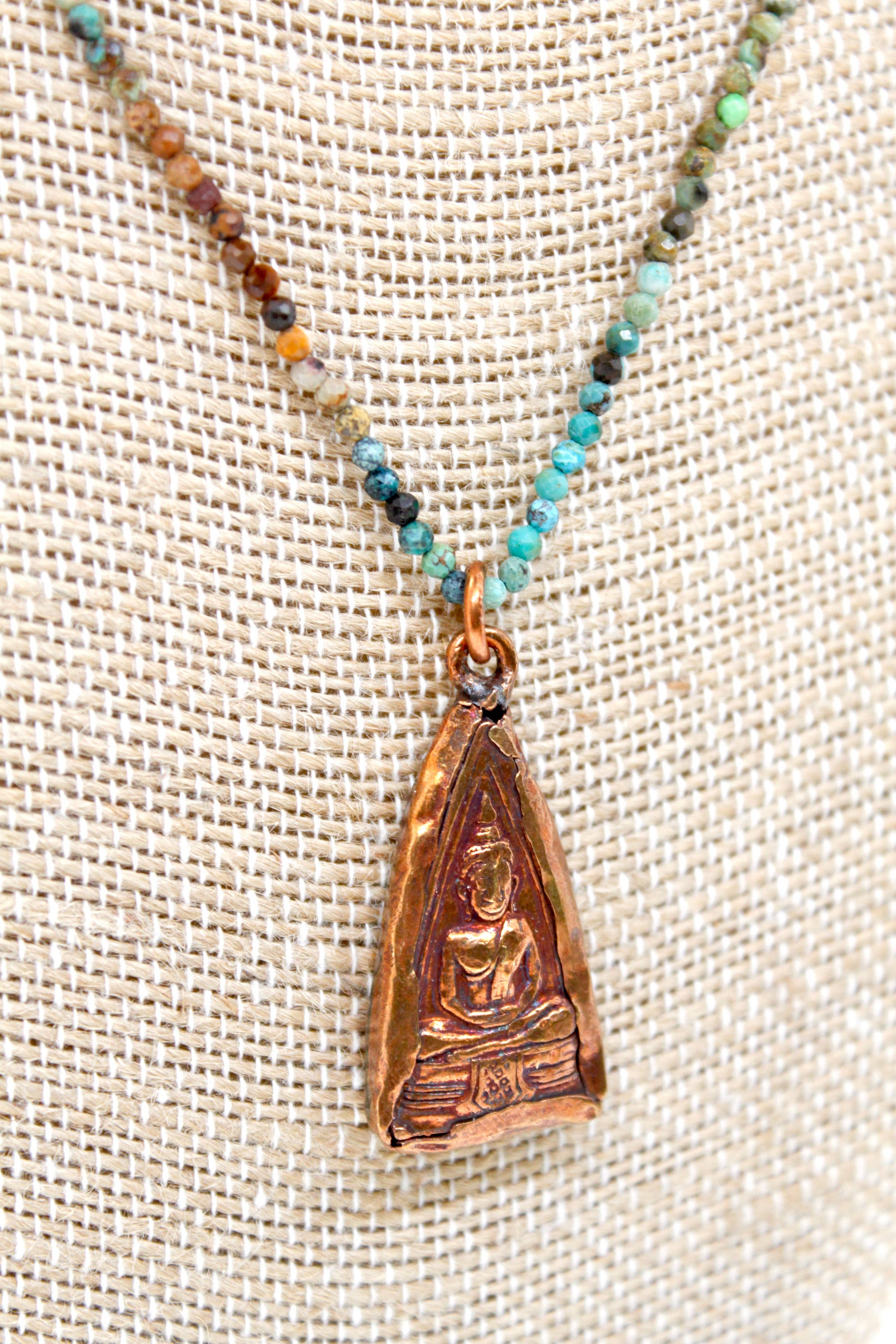 Buddha Necklace 123 - Gradient Faceted Turquoise Stone Necklace with copper Buddha pendant on beaded chain