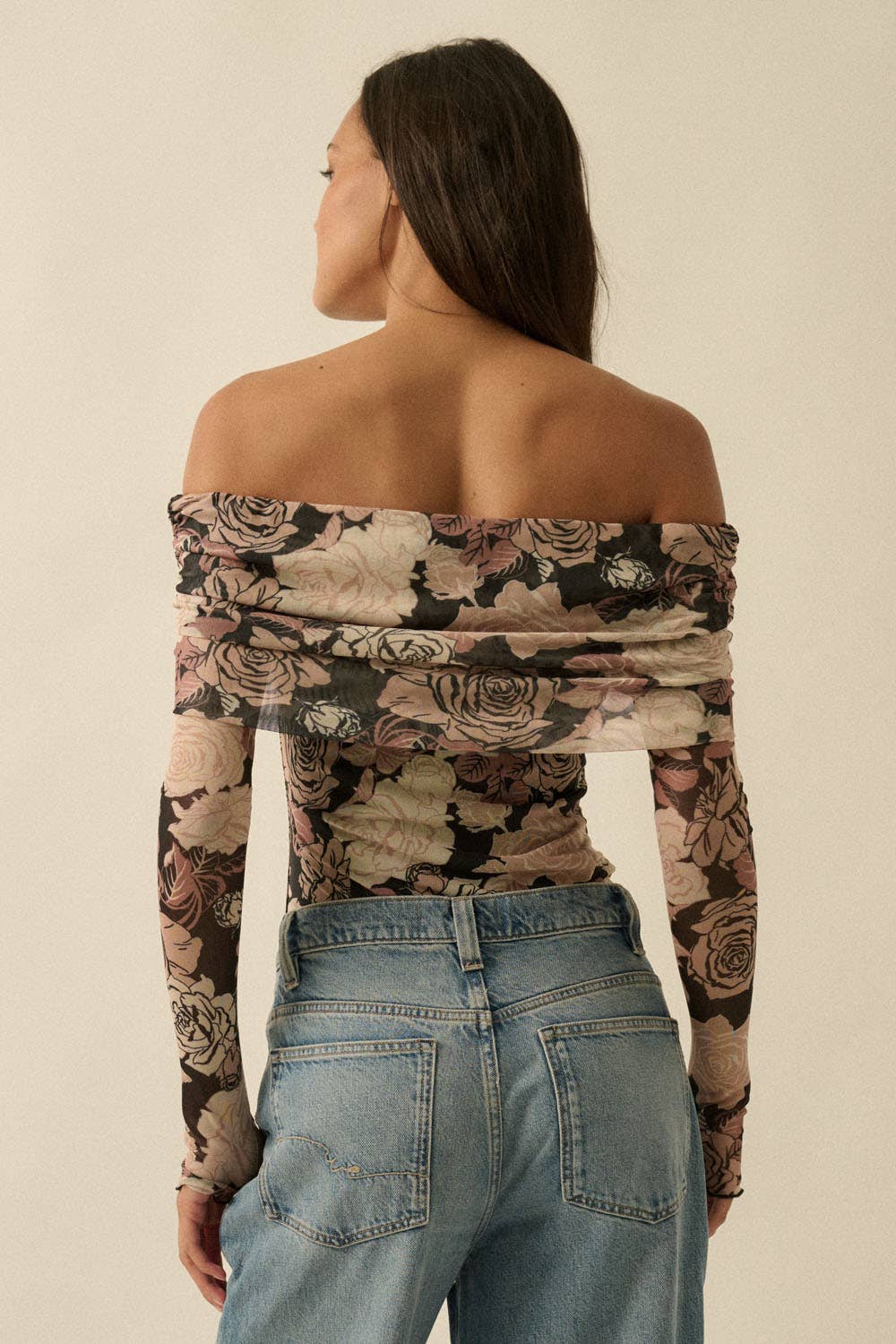 Floral-Print Mesh Off-Shoulder Foldover Bodysuit