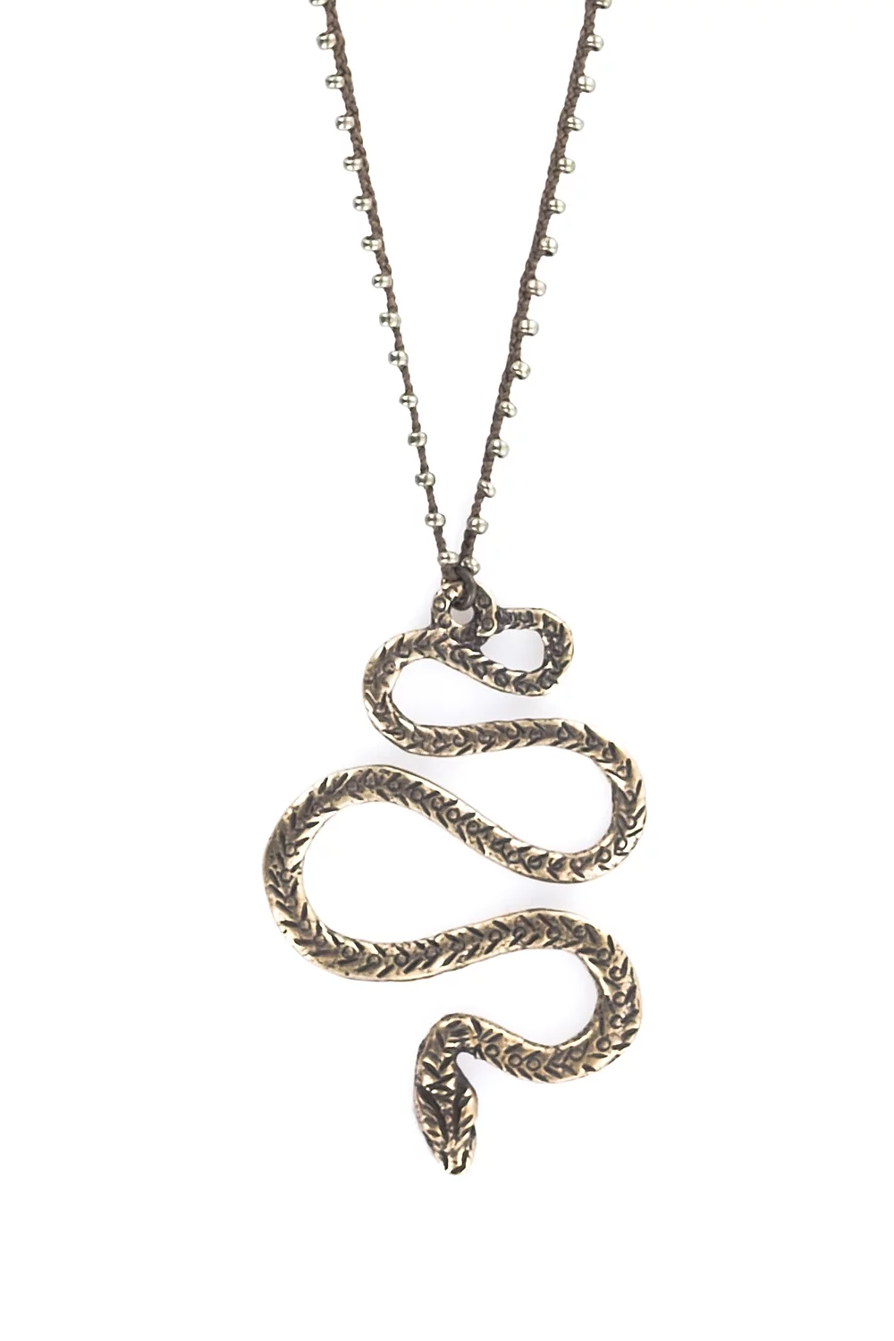 Serpent Necklace featuring a textured snake pendant on a delicate beaded chain, artisan handmade jewelry piece