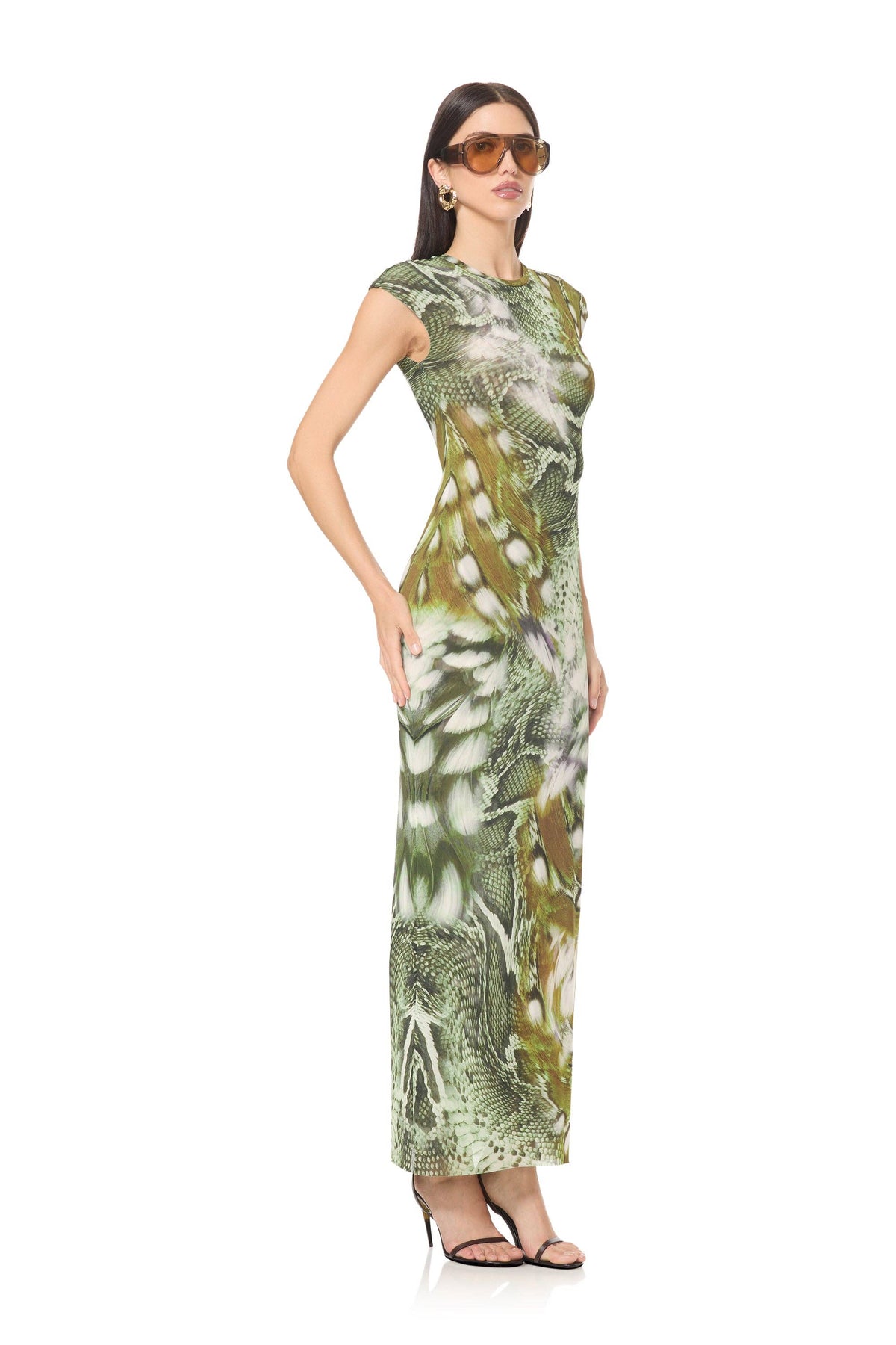 Mylo Dress - Vintage Snake Swirl, green snake print fitted maxi dress on a model
