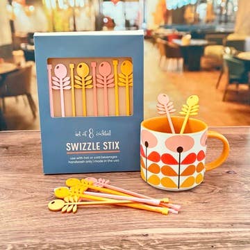 Pink Flowers Mid Century Acrylic Drink Stirrer Swizzle Stix