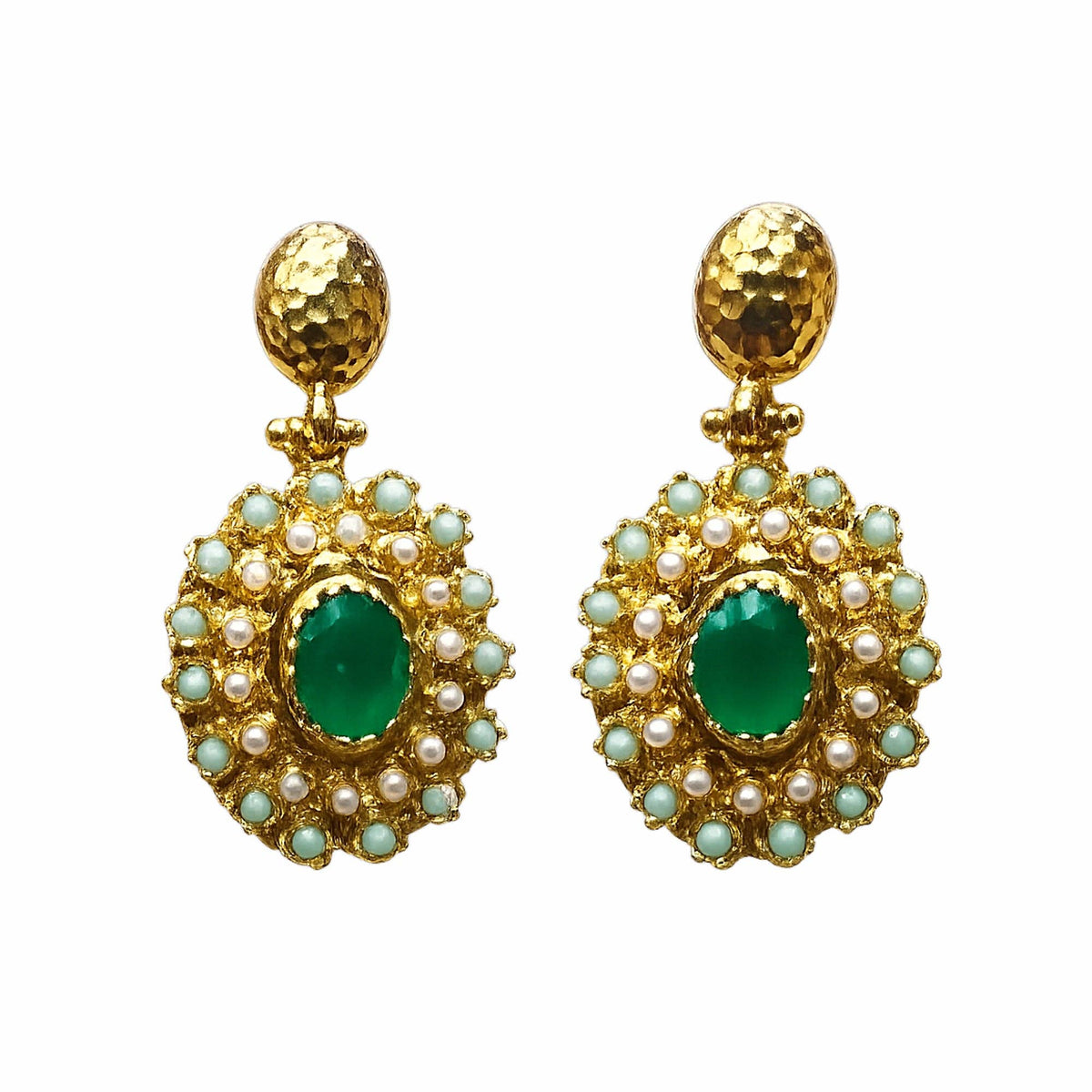 Gulya Emerald and Pearl Pendant Earrings with gold detailing and turquoise accents