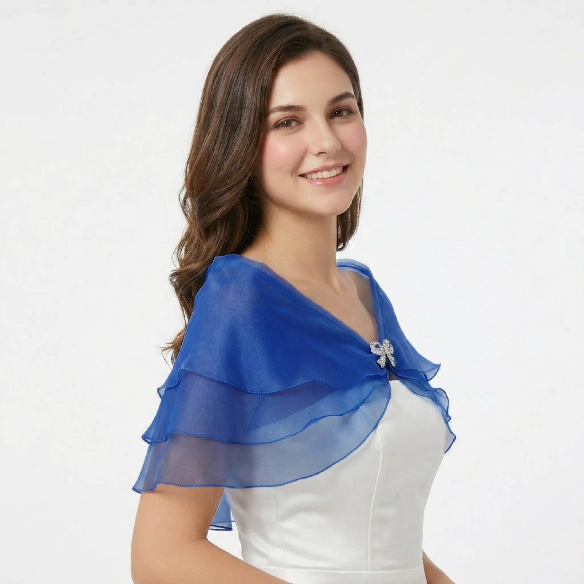 Sheer Organza Shoulder Shawl with Layered Ruffle Trim and Elegant Off-Shoulder Drape 14IN