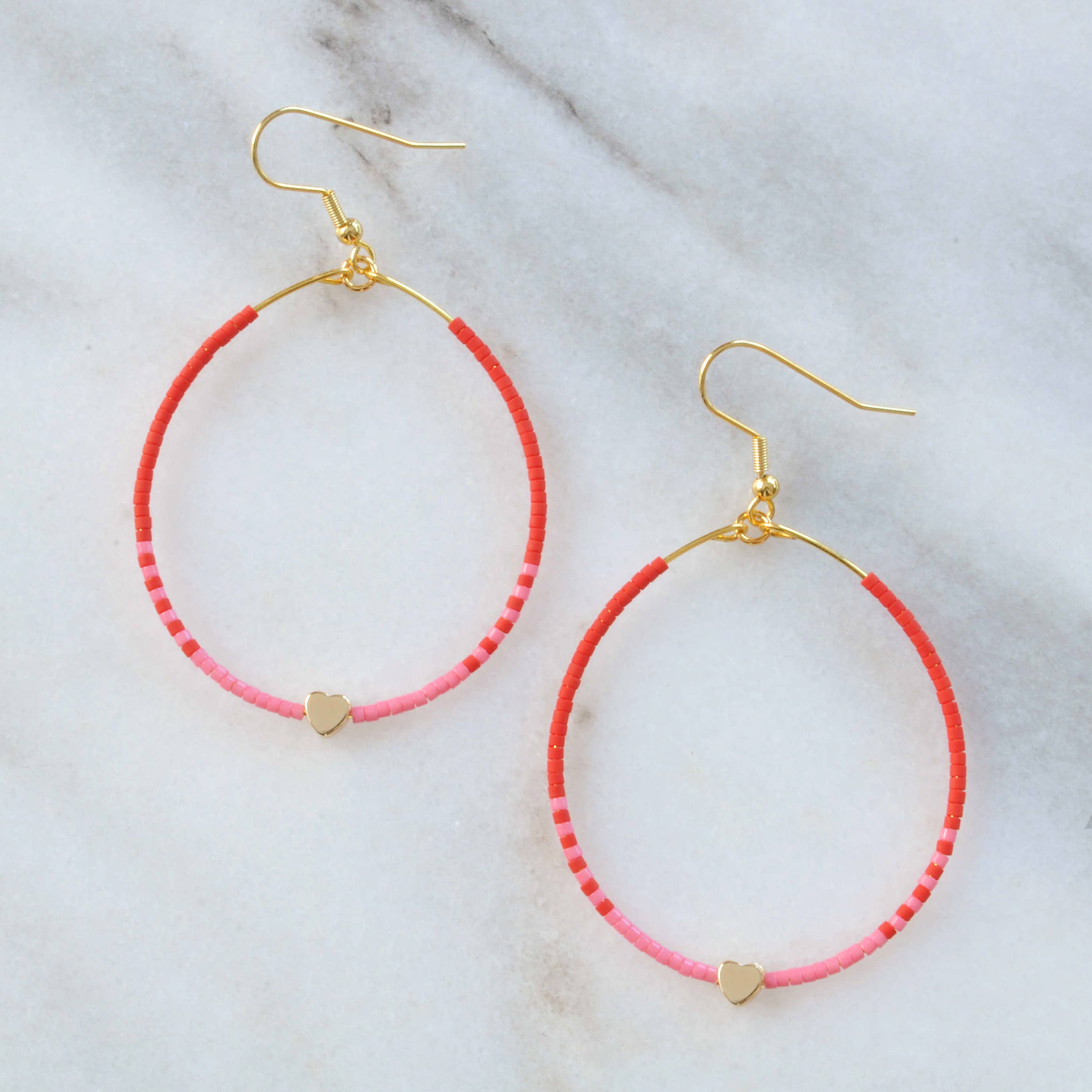 Valentine Beaded Hoop Earrings with Hearts in Red and Pink