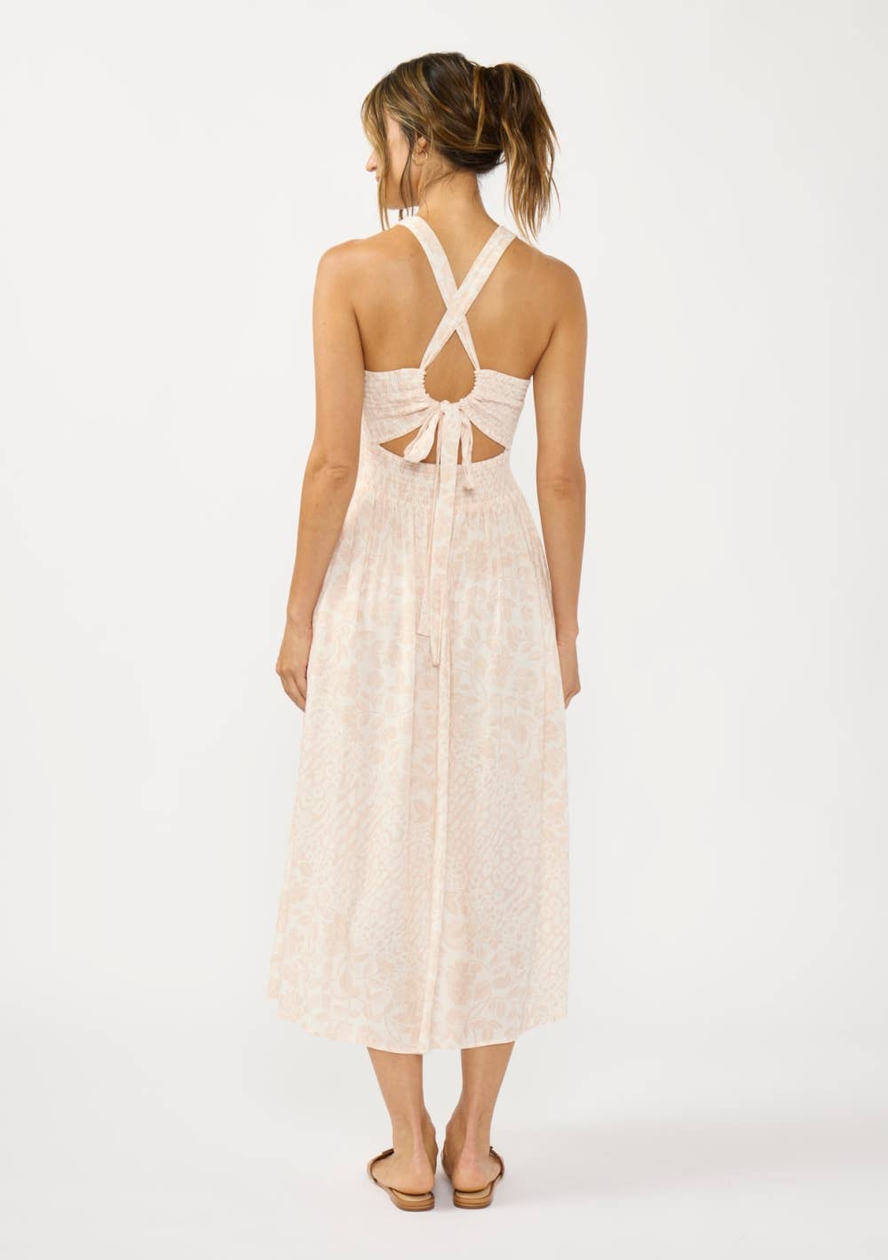 Smocked Bodice Tie Back Midi Dress