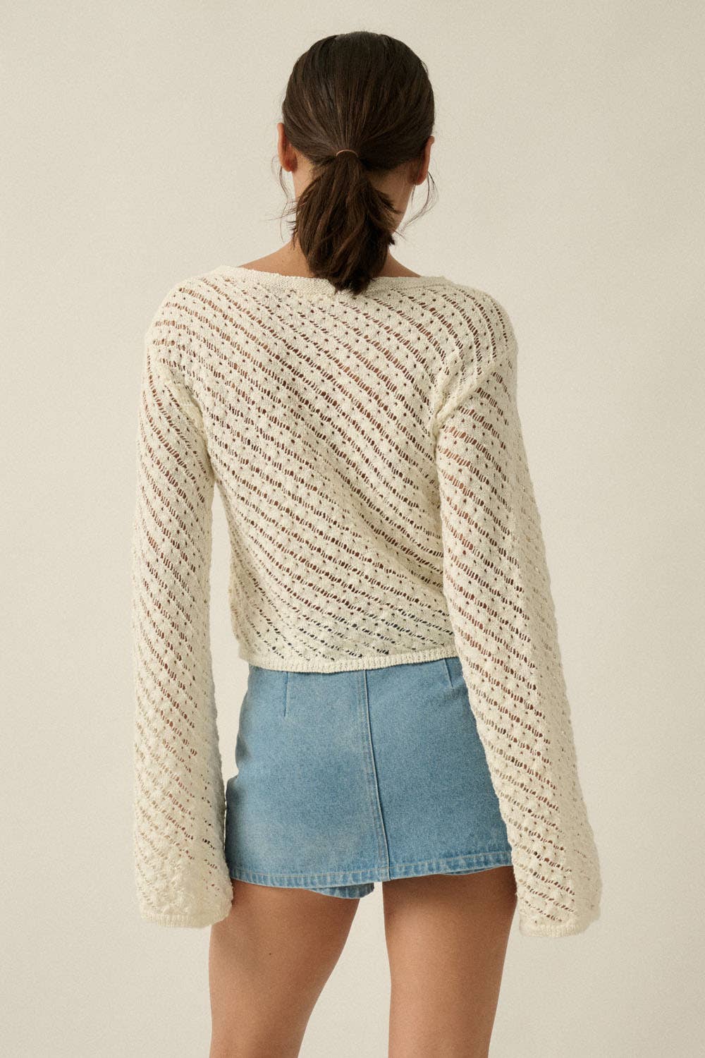 Solid Crochet-Knit Bell-Sleeve Cropped Sweater