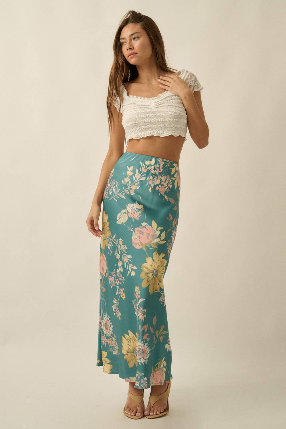 Textured Floral-Print Bias-Cut Maxi Skirt