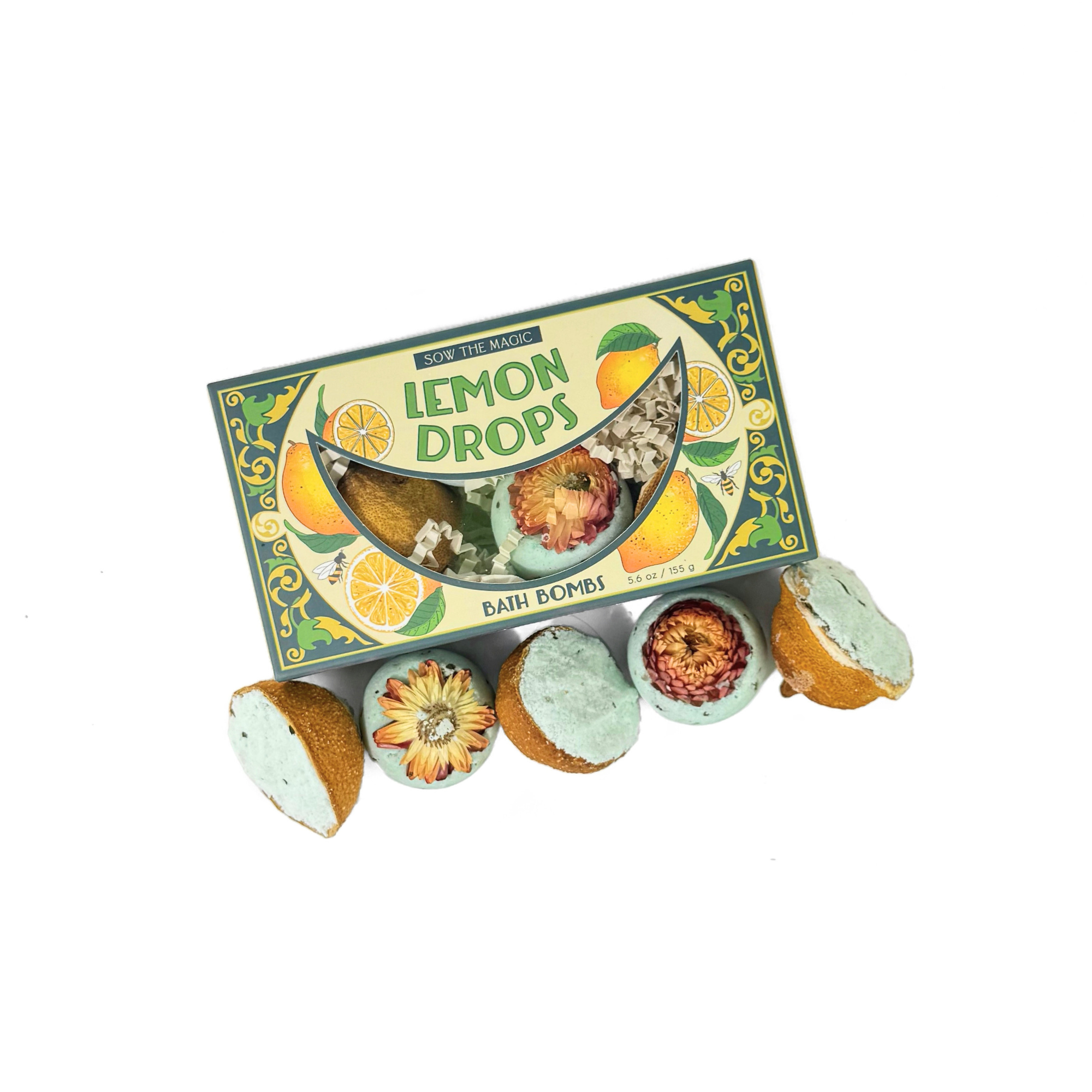 Natural Lemon Drop Bath Bomb Gift Set made with Lemon + MInt featuring citrus-inspired bath bombs with floral accents in decorative packaging