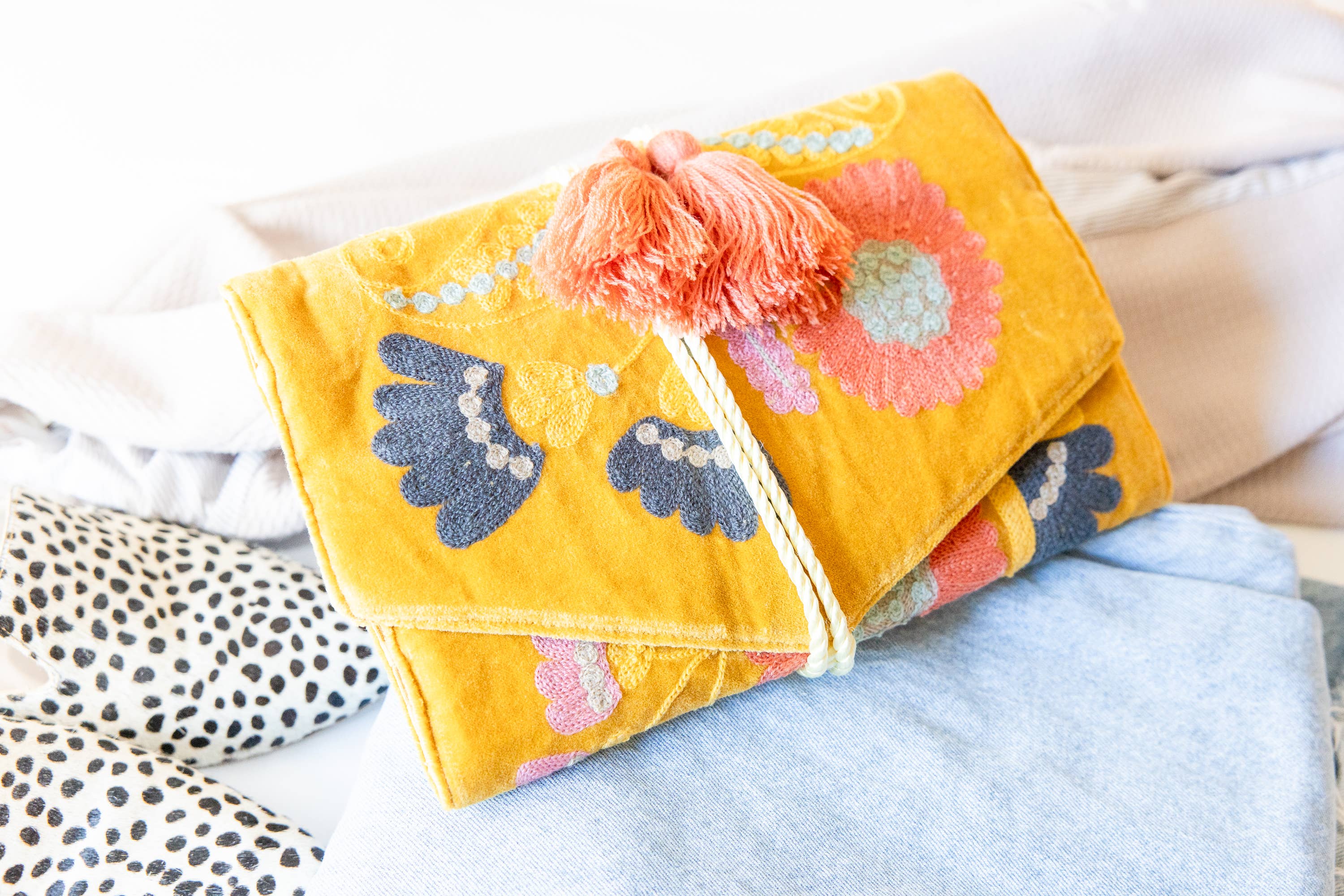 Embroidered Velvet Jewelry Organizer-Mustard