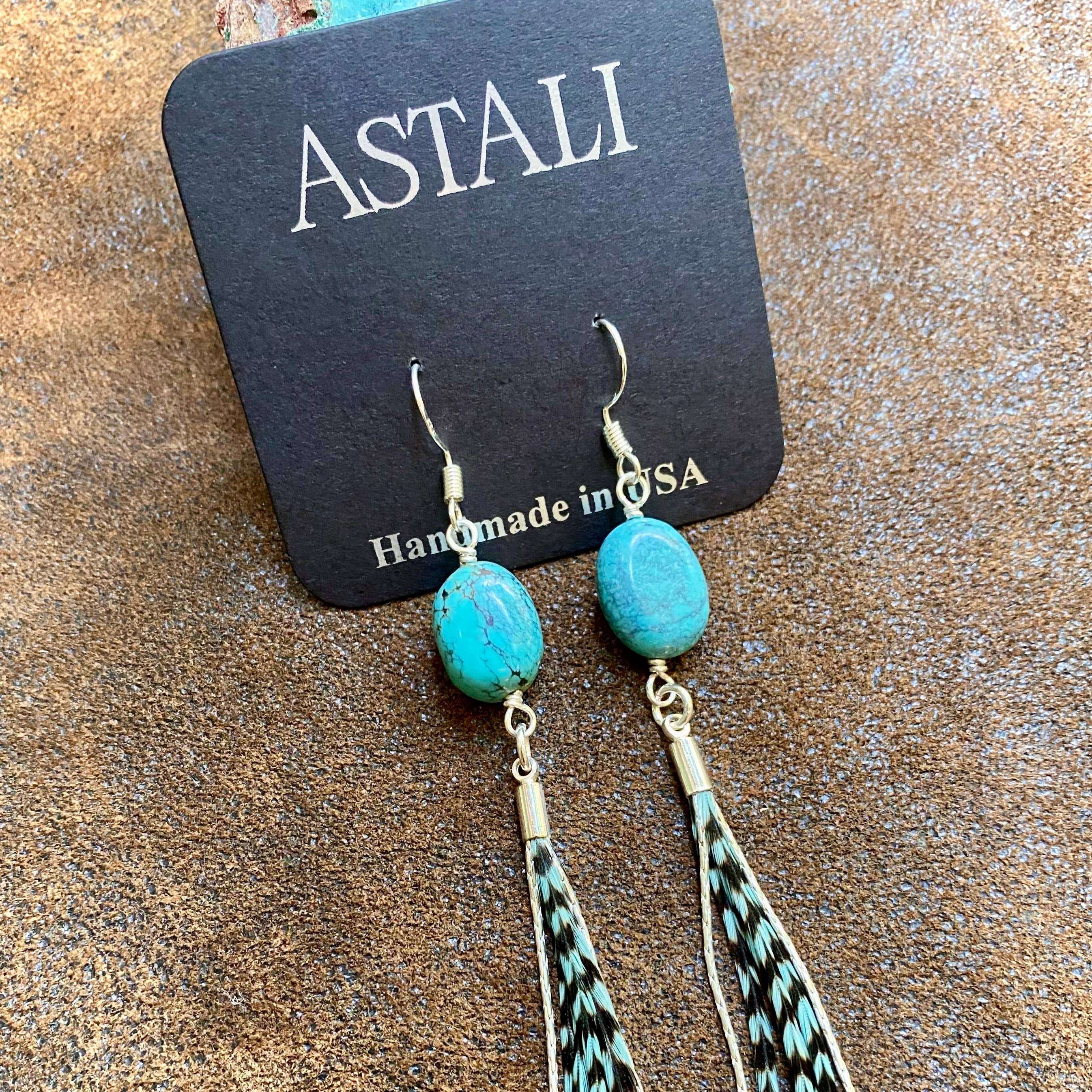 Turquoise & Mini Feather Earrings - Teal Grizzly/Silver