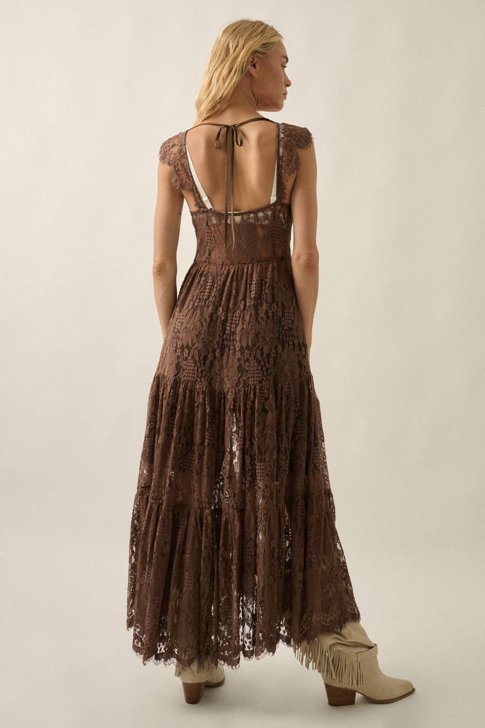 Sheer Floral Lace Button-Front Tiered-Ruffle Maxi Top