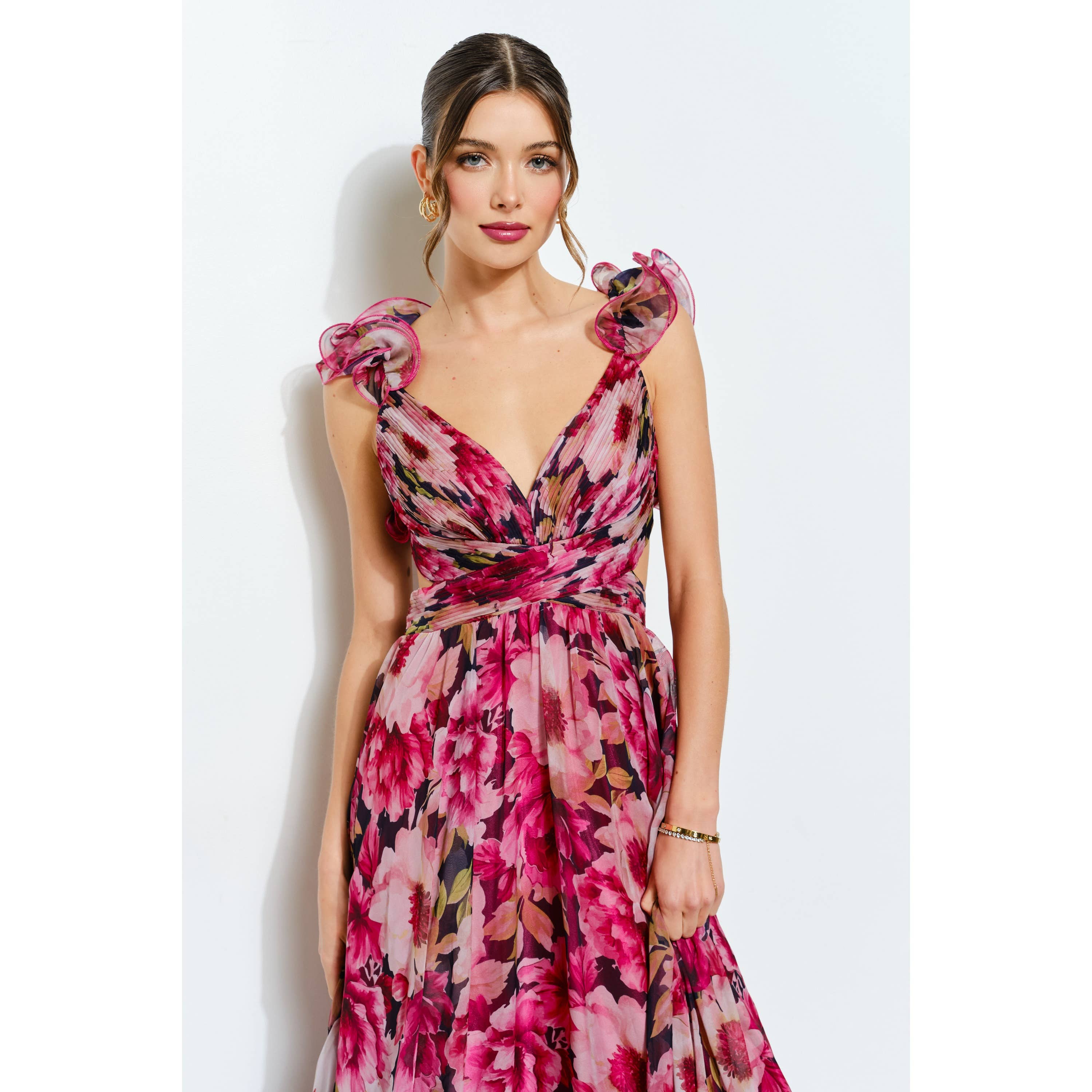 Ruffled Lace-Up Back Floral Maxi Dress