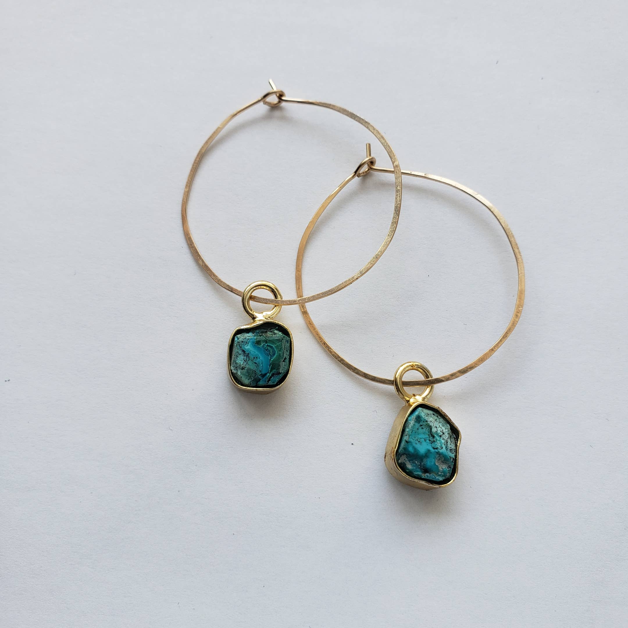 Dreamers of Dreams 14k gold fill 1.5 Gemstone Hoops feature irregular turquoise stone pendants, displayed on a white background—stylish natural stone earrings perfect for daily wear.