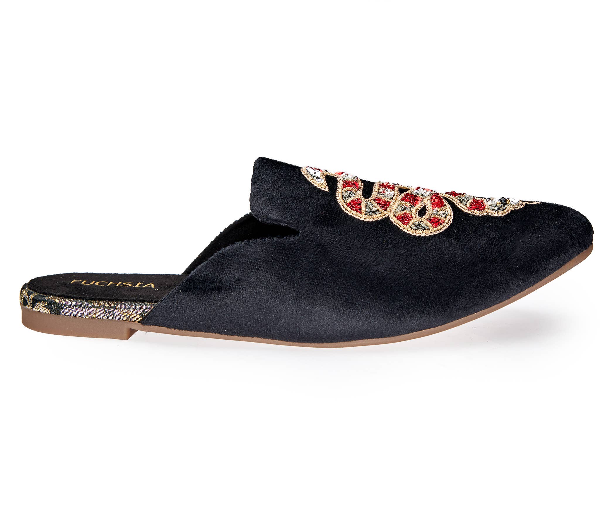 Artisanal Serpent Black Velvet Slippers Mules for Women with embroidered serpent design and soft velvet finish