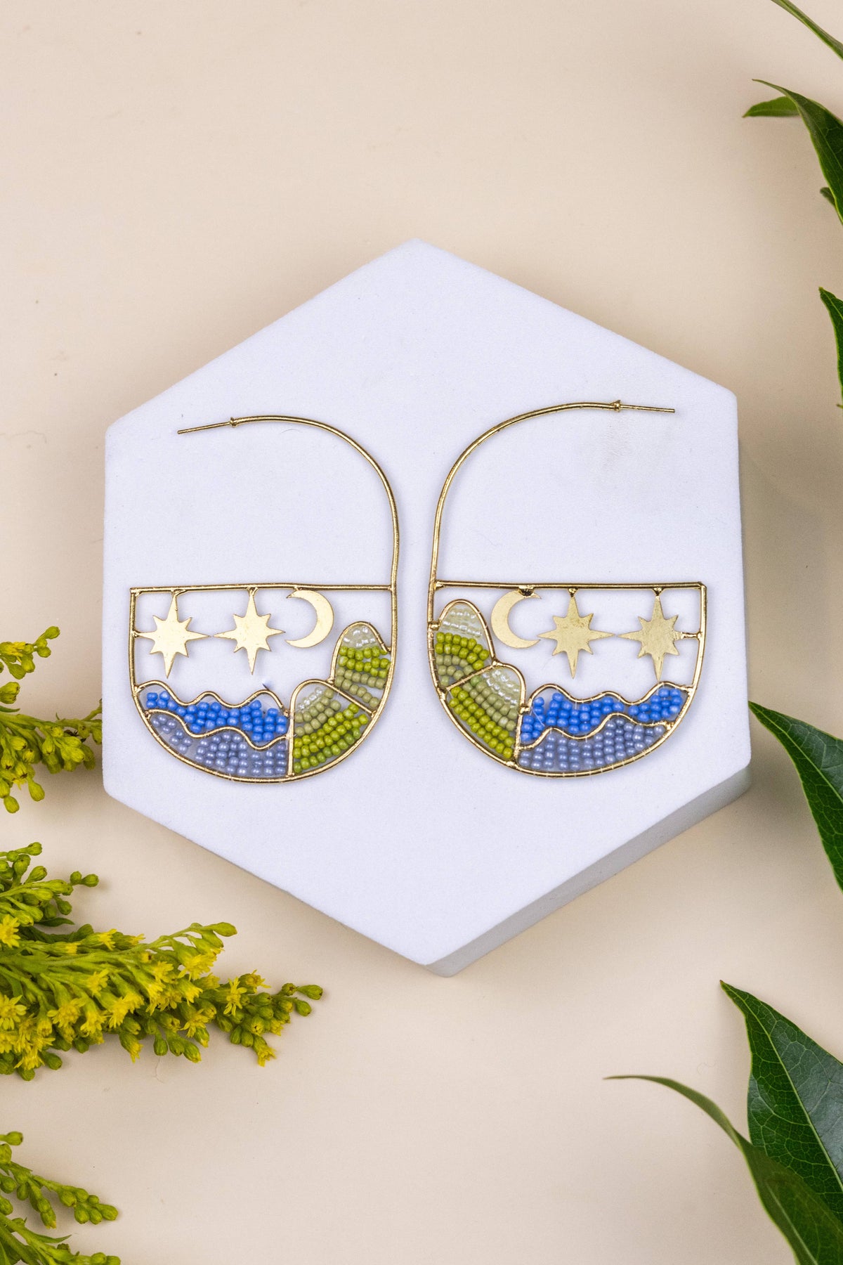 Brea Landscape Hoops with colorful geometric enamel designs on gold toned earrings