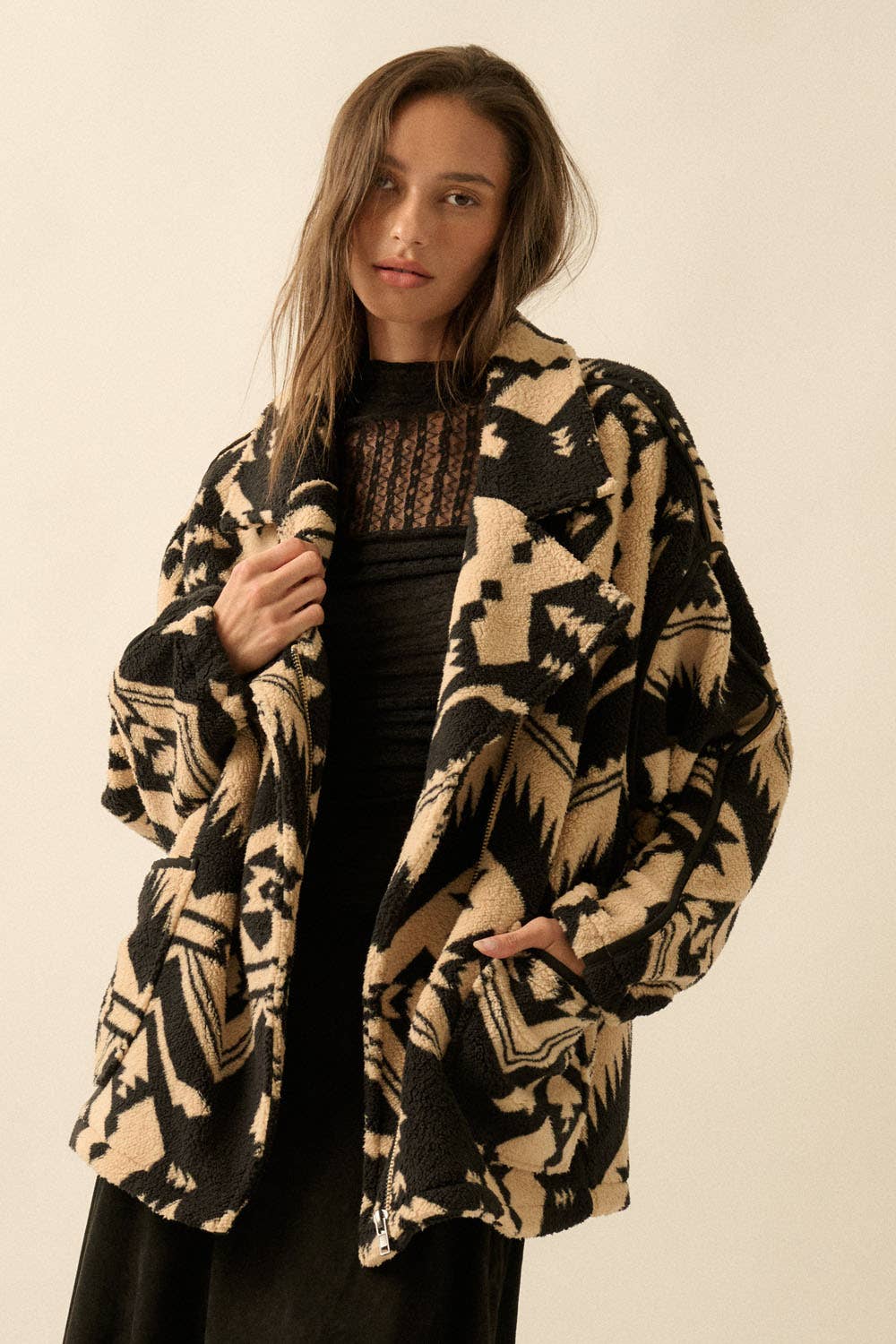 Geometric-Print Sherpa Fleece Lapel Pocket Jacket