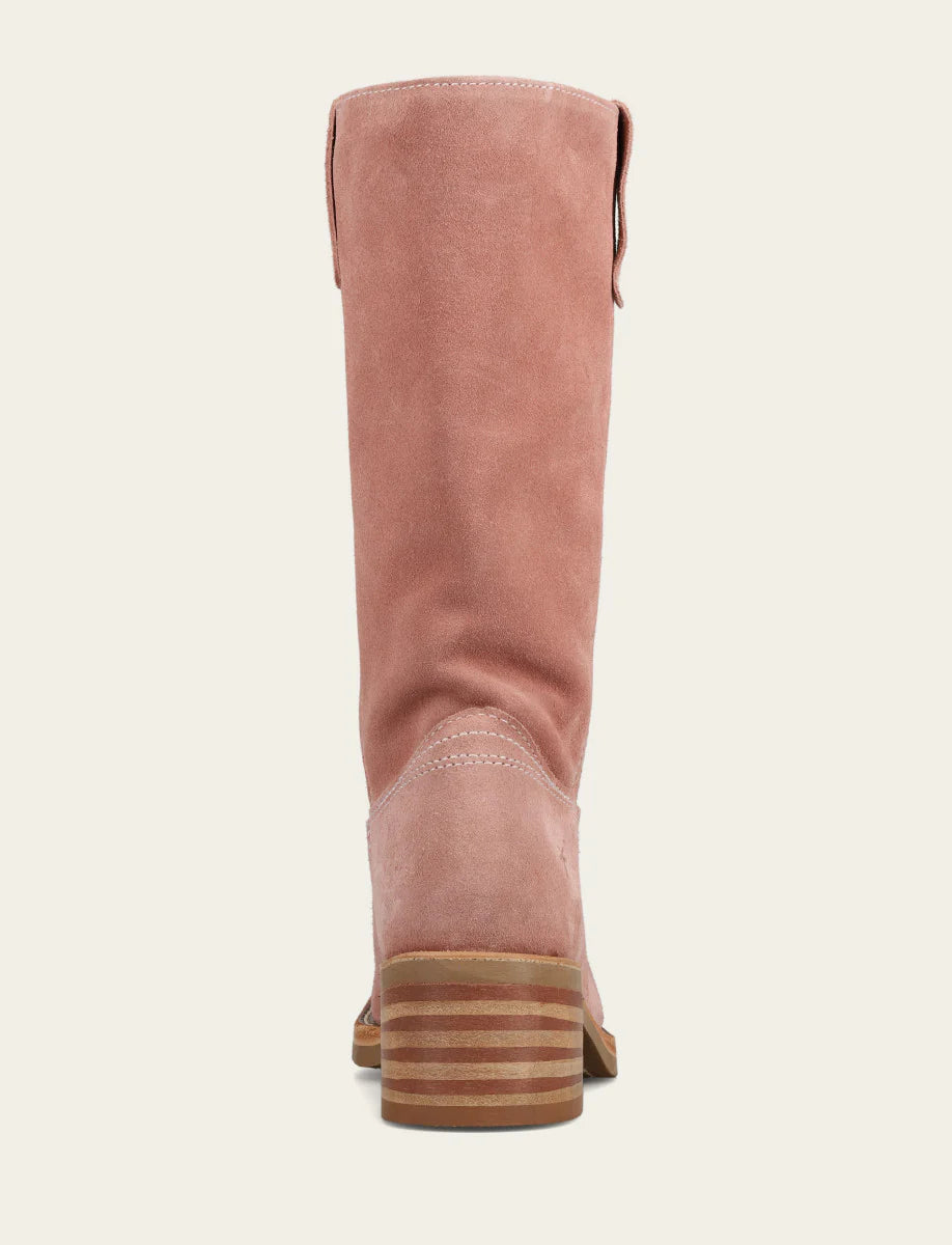 Frye Campus 12R Woodrose Suede Boot in soft pink suede with stacked heel showcasing elegant, everyday style.