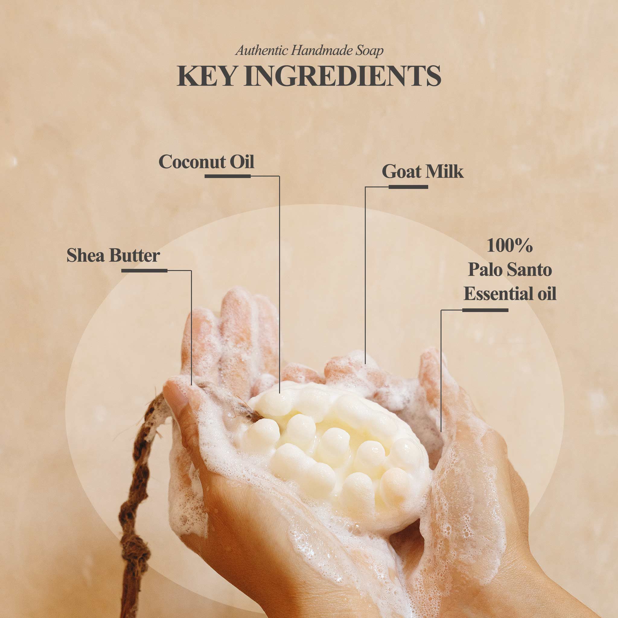 Two hands hold a lathered Palo Santo + Shea Butter Bar Soap by Cedar and Myrrh under water. Text lists coconut oil, goat milk, shea butter, and pure palo santo essential oil—formulated for sensitive skin—on a beige background.