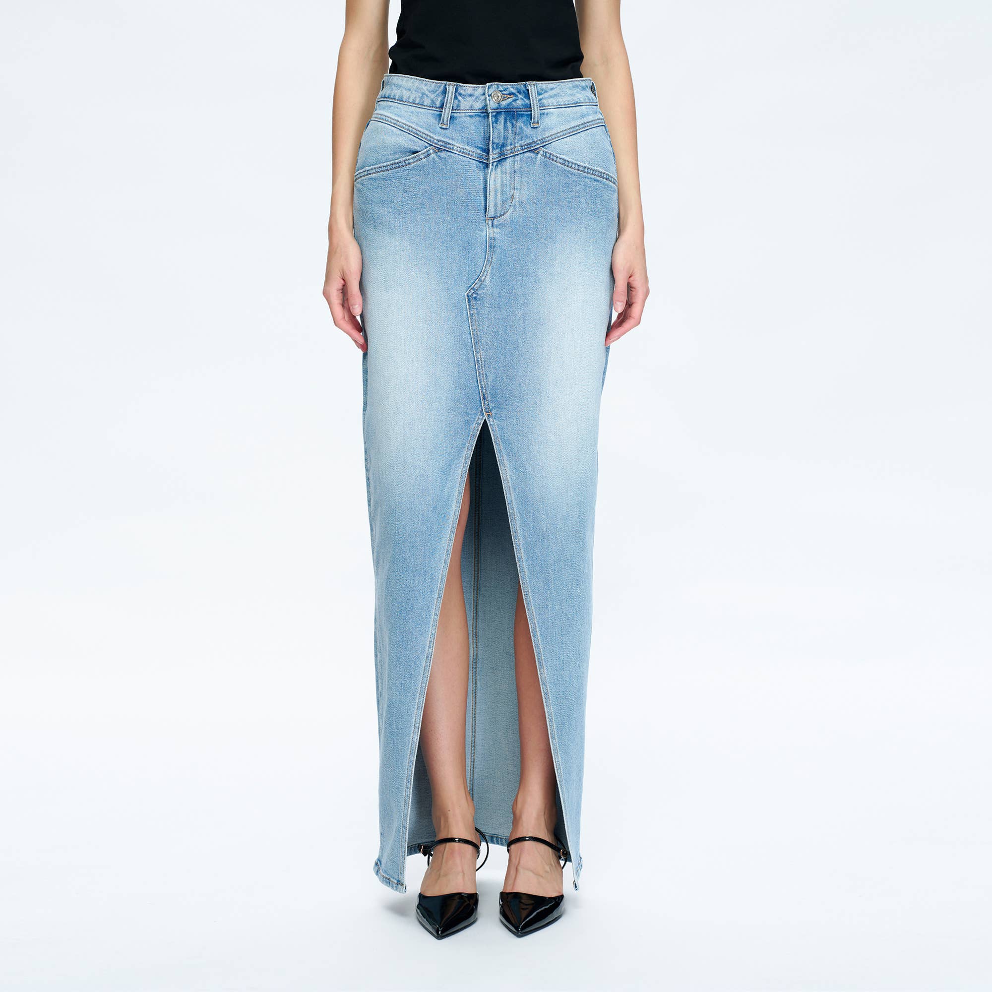 Periwinkle Blue High-Low Denim Skirt – Comfort Stretch