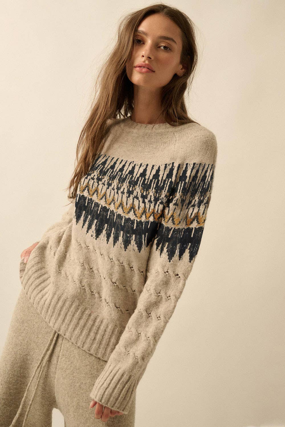 Cable Knit Fair Isle Raglan-Sleeve Sweater
